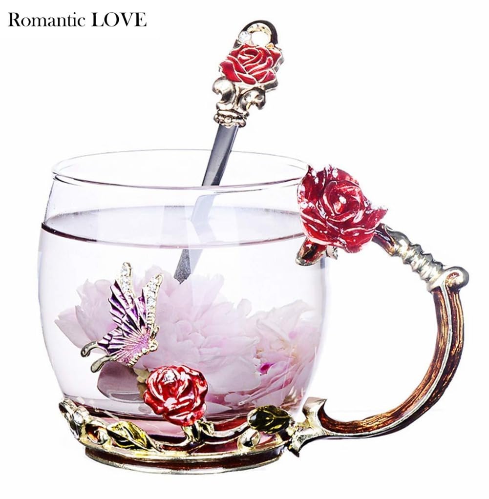 Romantic LOVE Set Mit 2 Ausgefallenen Teetassen, Kaffeetassen Aus Glas, 330 Ml ~ 350 Ml, Klarglastassen Mit Löffel, Set, Muttertagsgeschenke, Rosenblume, Emaille, Geburtstag (blau hoch rot kurz)