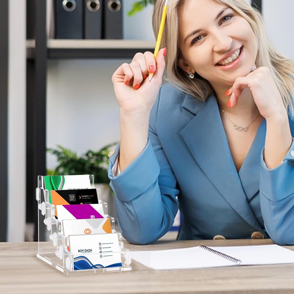 peacoblue Porta biglietti da visita per scrivania con 5 slot (circa 300 carte), espositore per carte in acrilico a 5 livelli per ufficio, mostra e posto di lavoro per organizzare più carte