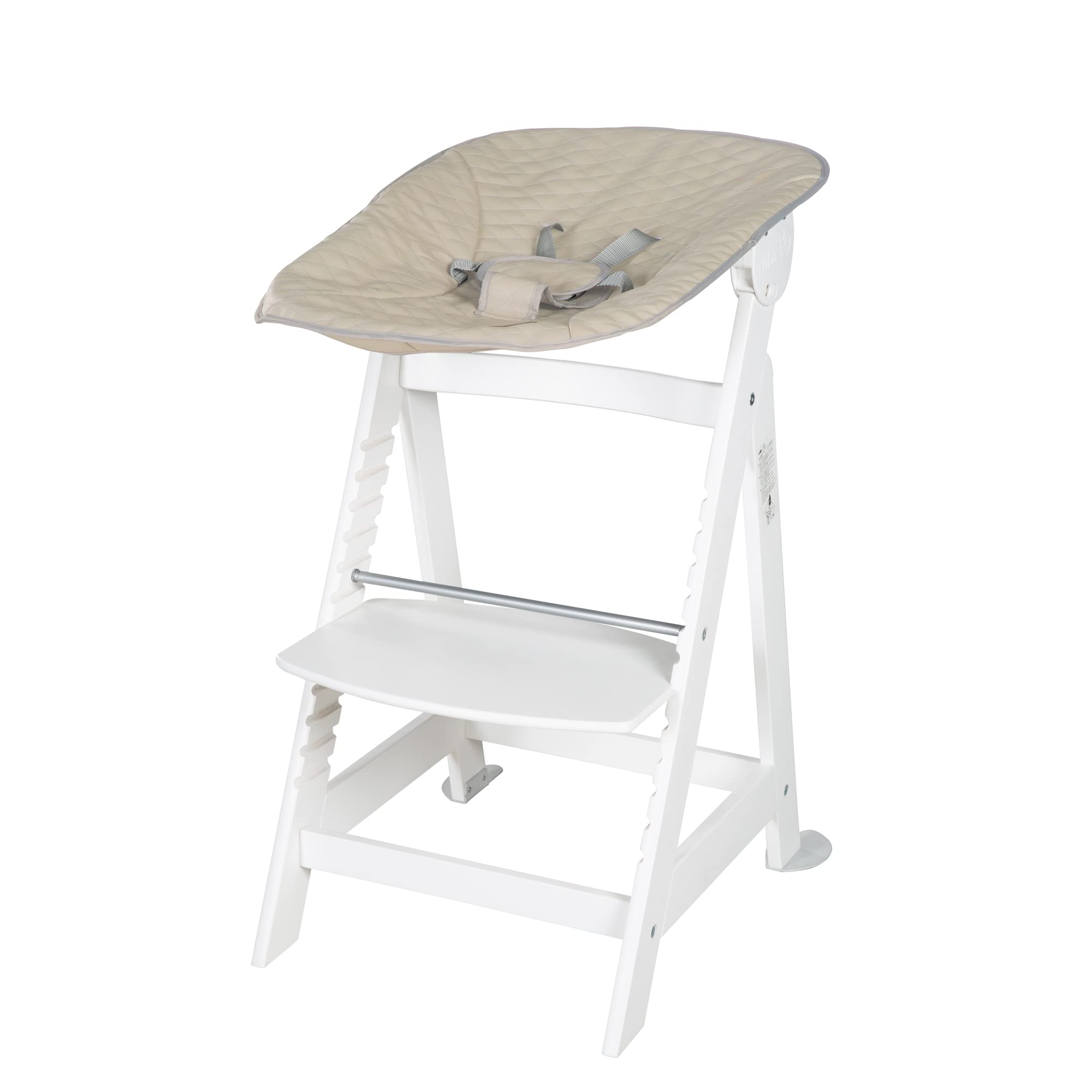 roba Seggiolone "Born Up" Set 2 in 1 - Design "Grigio trapuntato" - Funzione Pieghevole - Imbracatura - 2 Posizioni - da 0 a 6 Mesi - Legno Laccato Bianco/Grigio