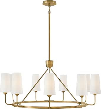Hinkley Lewis 45009HB Large Single Tier Chandelier, Traditional 9-Light Round Hanging Fixture, Tall Tapered Drum Paper Shades, Slender Silhouette, Adjustable Height, in Heritage Brass