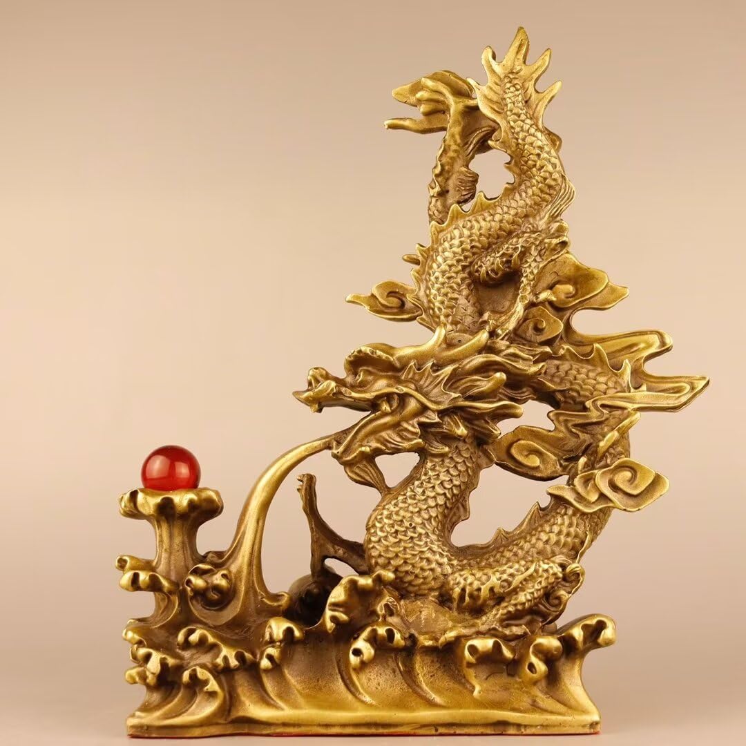 Chińska mosiężna rzeźba z drewna czysta miedź Feng Shui smok statua dom biuro biurko przynosząca szczęście dekoracja 6,7 x 2 x 7,9 cala 1,1 kg