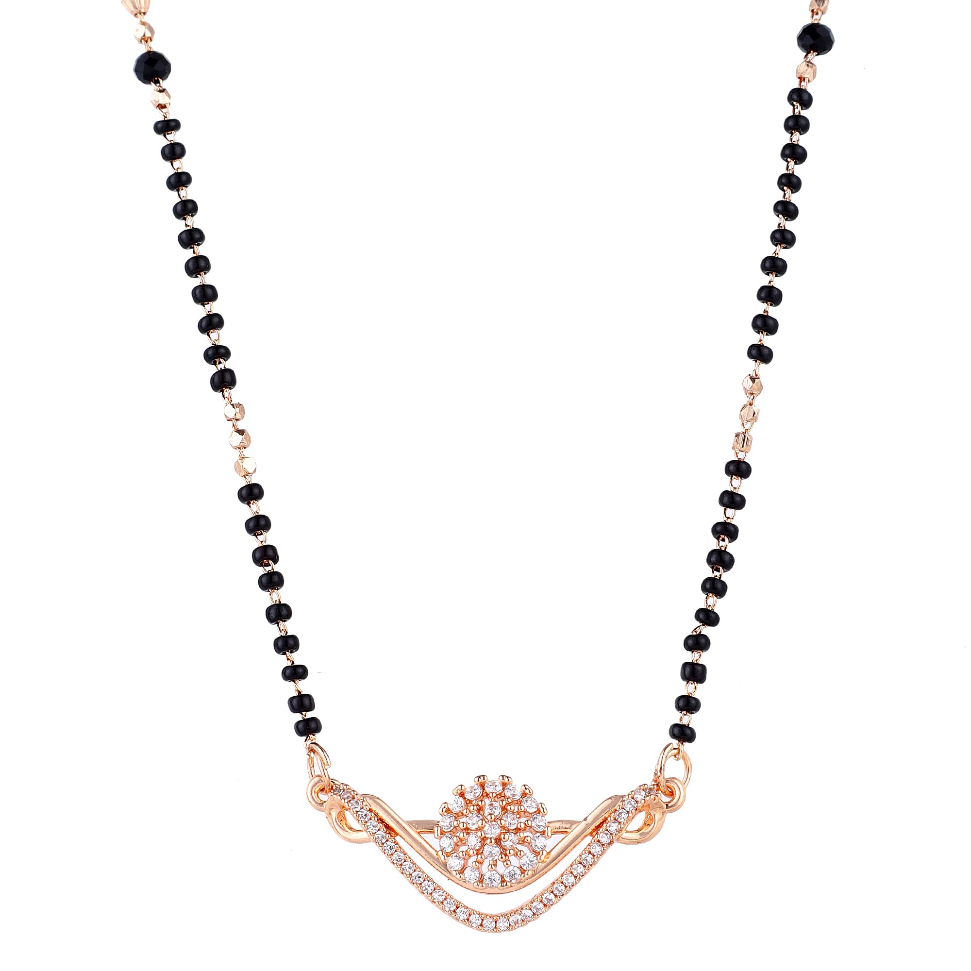 Rose Gold Plated American Diamond Floral Mangalsutra With Black Beads For Women-image-39