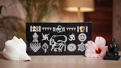 CHITRASHILA Handcrafted Chaitrangan Rangoli Designs on Granite Stone- Traditional & Vibrant Home D cor for Pooja, Featuring Gau MATA, Swastik, Om Symbols (12 X 6, Gau MATA)