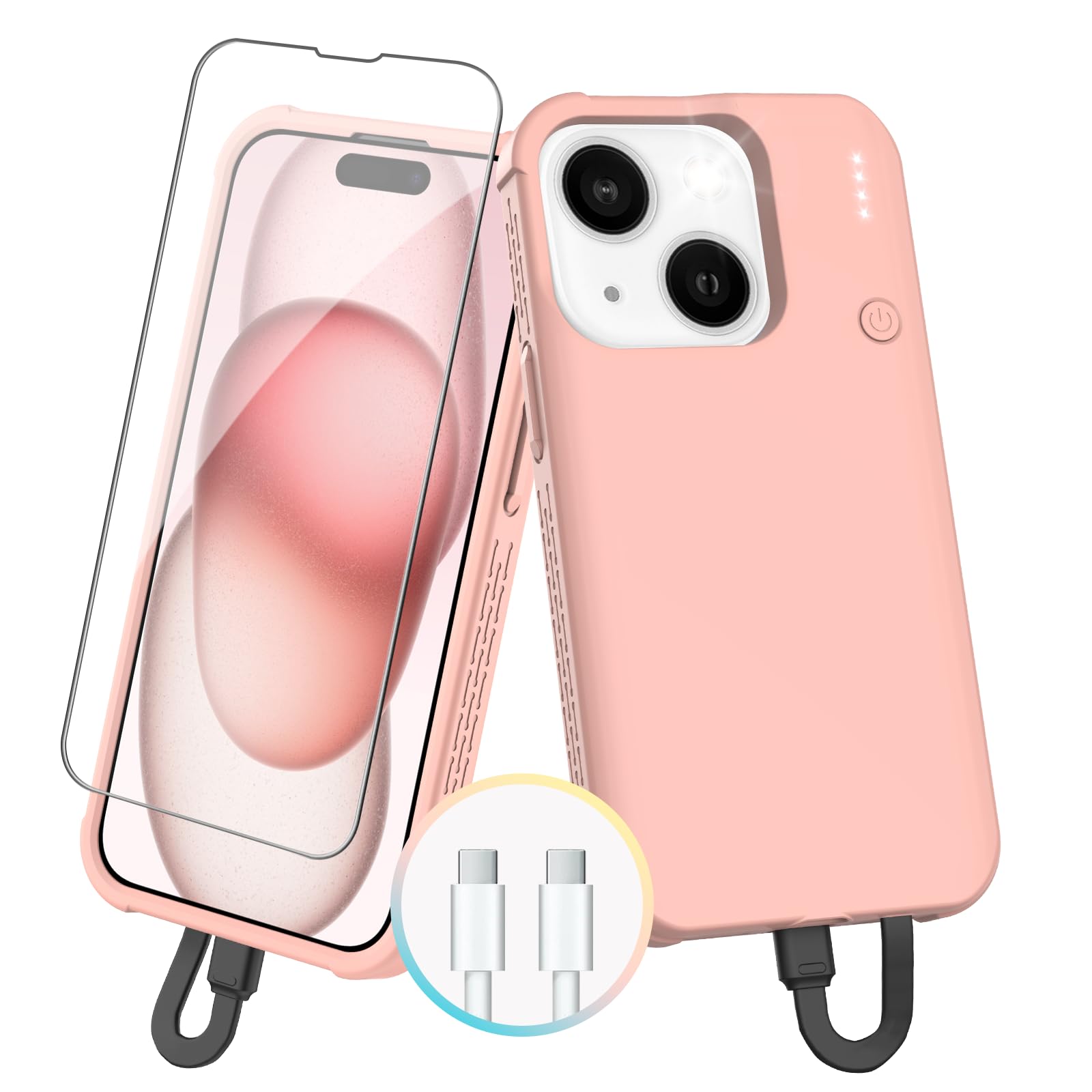 GIN FOXI Fast Charging Battery Case for iPhone 15/15 Pro, 7000mAh 15W Ultra Slim Charger Case Rechargeable Portable Extended Power Bank Case Cover Battery Pack Built-in Cable, Pink (6.1”)
