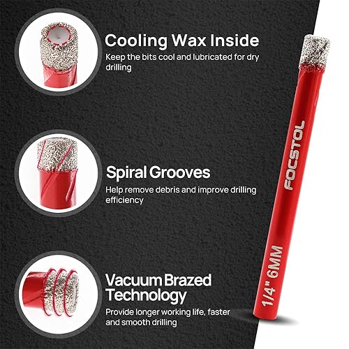 Miniatura 3 de FOCSTOL - Juego de 5 brocas de diamante seco de 668100.472 in con vástago redondo para azulejos de porcelana de cerámica, granito de mármol