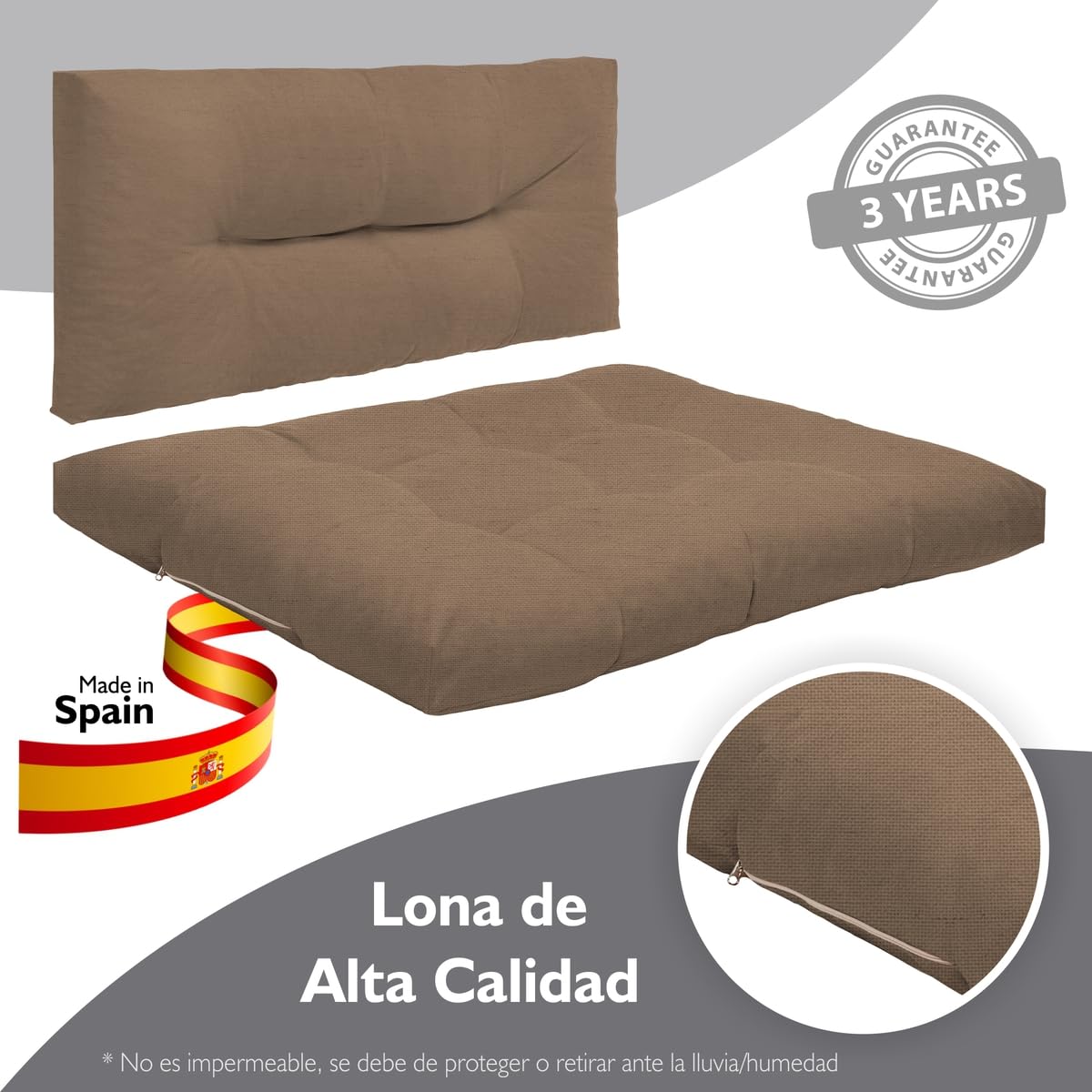 Cojines para Sofá de Palets Exterior 120x80 + Respaldo 120x60 – Pack Completo con Asiento, Respaldo y 2 Cojines Decorativos Bordados – Estilo Chill out para Terraza y Jardín (Café)