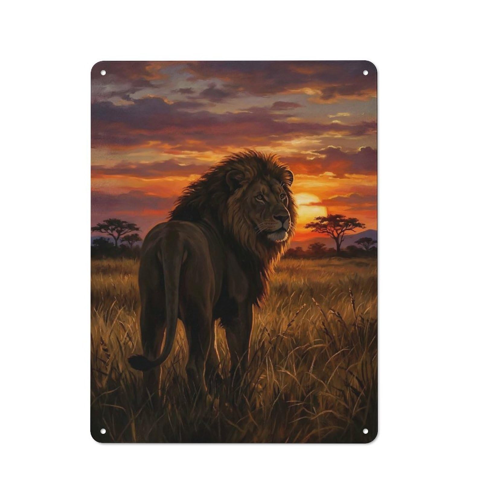 Junmoney Style-11 For Garage Or Workshop, Lion At Sunset In Savannah Rustic Metal Plaque 40X30cm, Suited To Wall Displays In Garages And Tool Rooms
