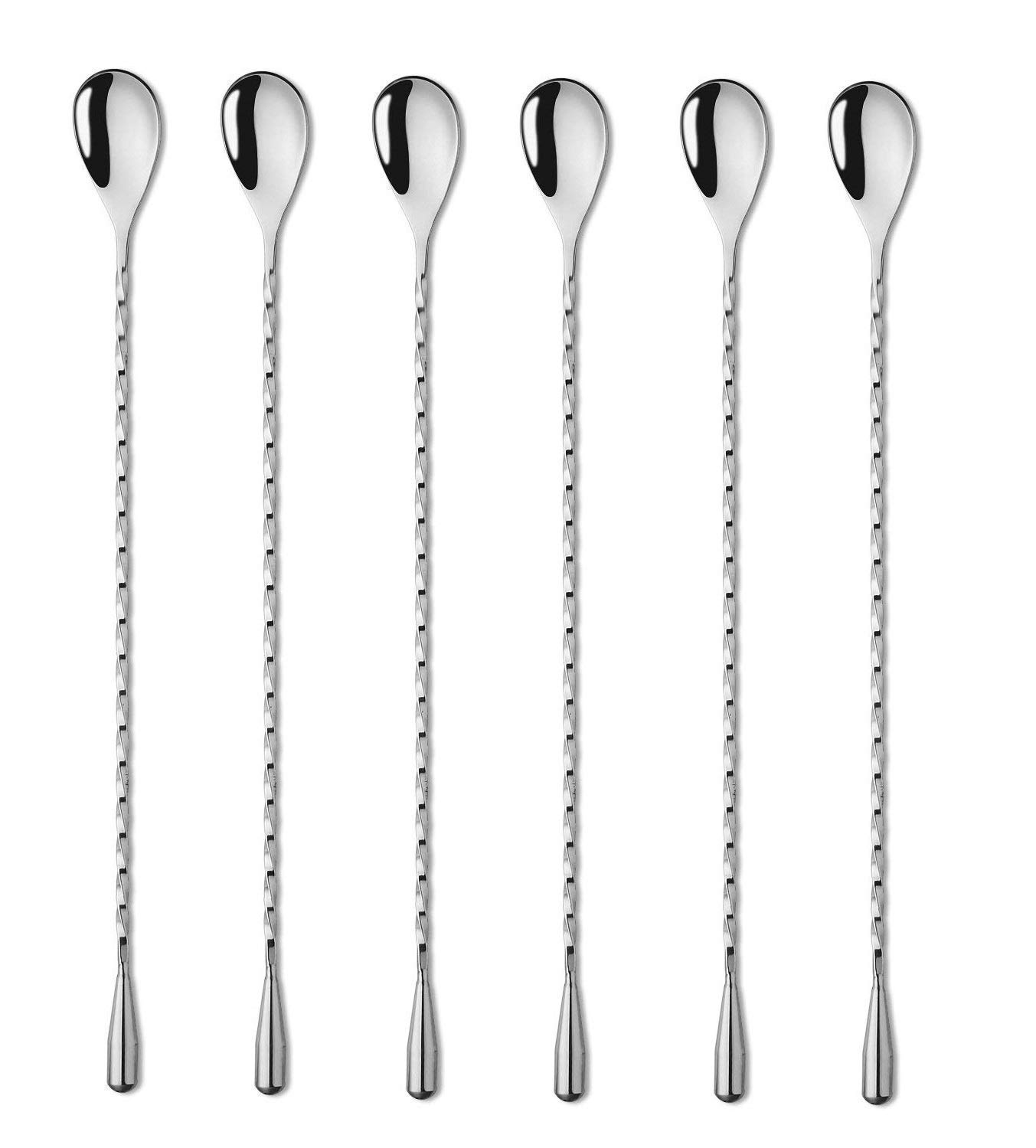 Rudra Exports Teardrop Bar Spoons Stainless Steel, Professional Cocktail Mixing Spoon Bar Tool Japanese Style Teardrop End Design, Spiral Pattern Spoon: 12 Inches - 6 Pcs Set