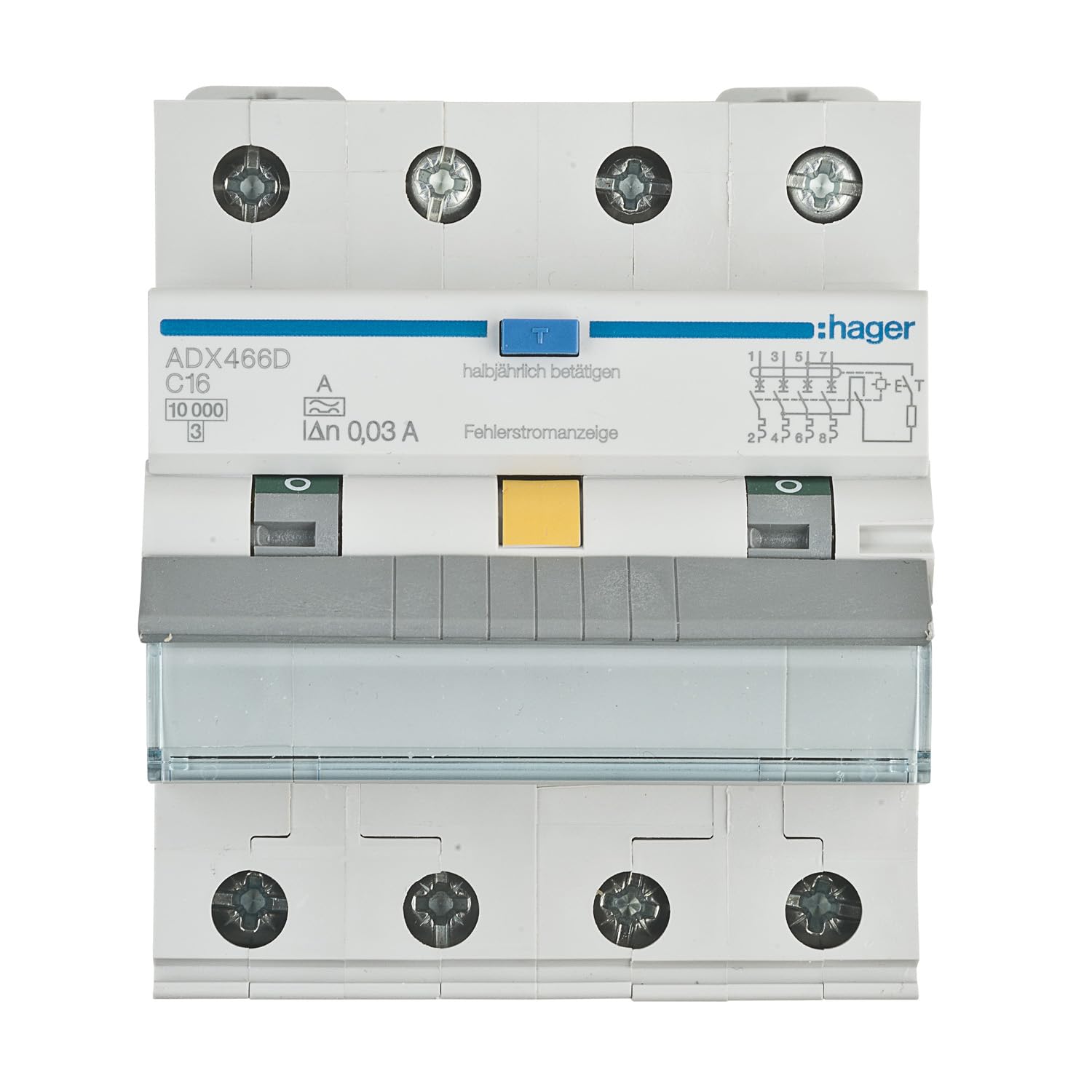 FI/LS-Schutzschalter Hager ADX466D, Kompaktes Gerät C16A 3-polig 3P+N, integrierter FI-Schutzschalter 30mA, Einzelabsicherung und nur 71mm Breite 4TE