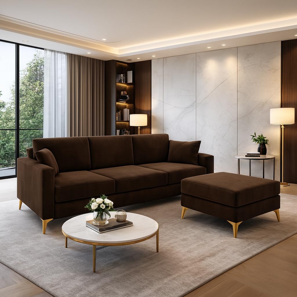 Bravelle 3 Seater Modular Sofa Set with 1 Ottoman | Soft Velvet Suede Fabric | Modern Design Sofas with Golden Legs | Plush Comfort Cushions for Living Room (Dark Brown) Bravelle 3 Seater Modular Sofa Set with 1 Ottoman | Soft Velvet Suede Fabric | Modern Design Sofas with Golden Legs | Plush Comfort Cushions for Living Room (Dark Brown)