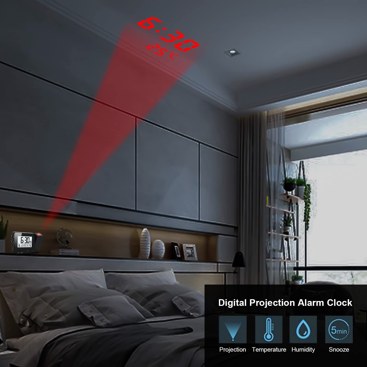 Deofde Sveglia con proiezione, Sveglia Digitale con Ampio Display LCD, Orologio Digitale con Doppio Allarme, Funzione Snooze, Timer di Standby, 12 / 24h, termometro Interno