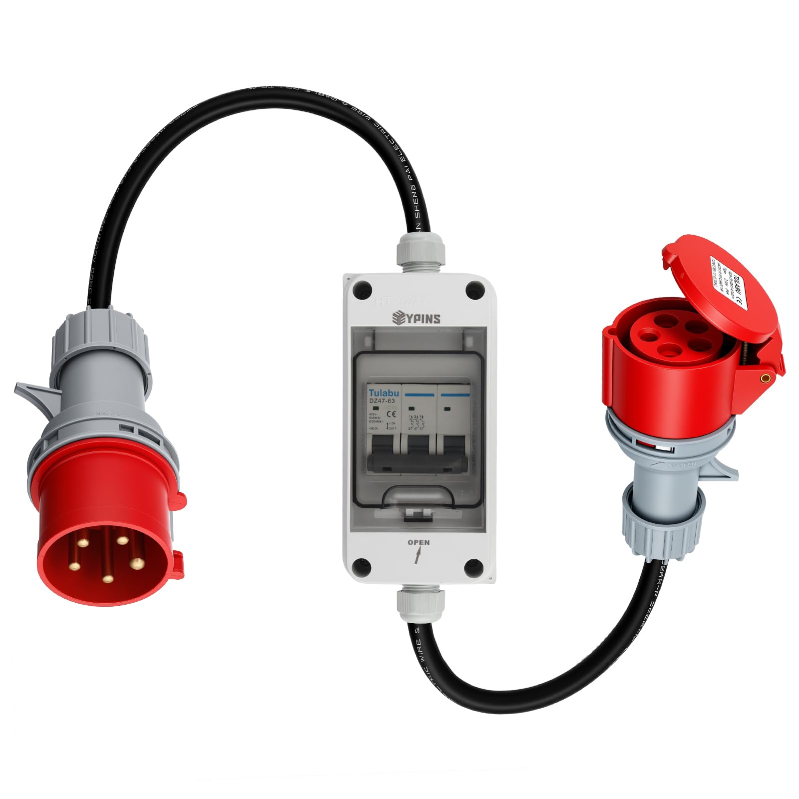 EYPINS CEE Adapter 32A Stecker auf 16A Kupplung mit LS-Schalter| 3-phasig, 400V, IP44 | Starkstrom-Adapter für E-Auto Laden, Baustelle, Industrie, Wallbox