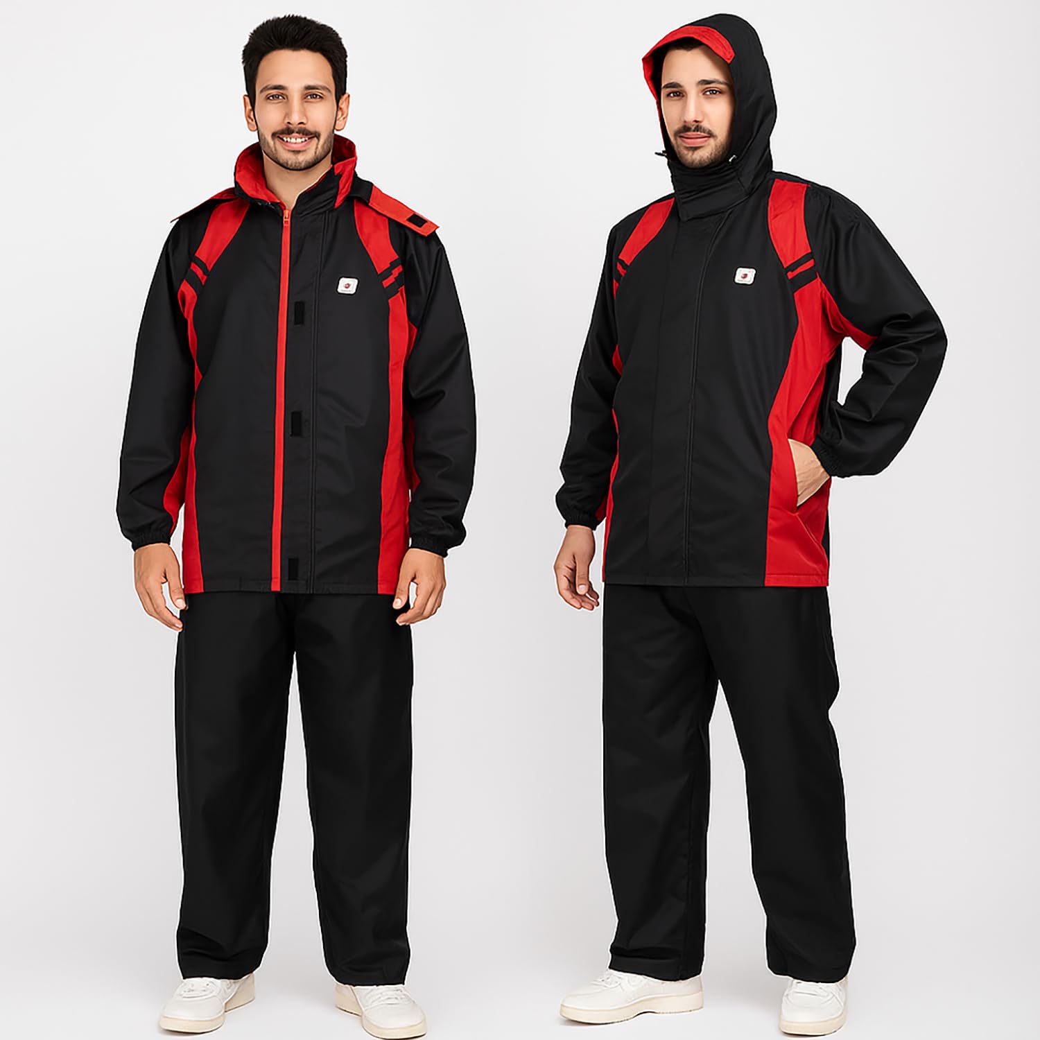 HACER Upgraded Raincoat Set Snap Closure Water Resistant Rain Gear with Carrying Pouch Drawstring Hem Foldable Hood Pant (XXL, Black & Red)