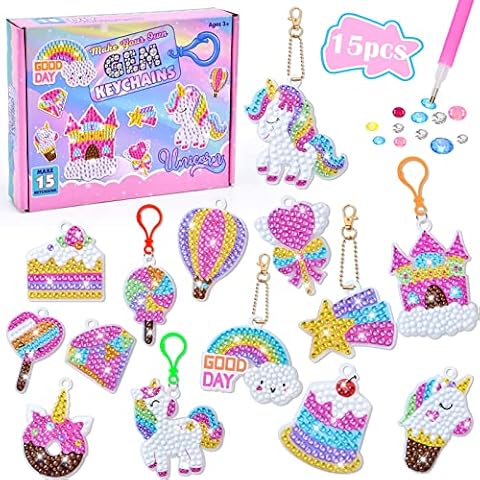Tacobear 15pcs Diamond Painting Kits for Kids Gem Art Kits Kids Diamond Arts and Crafts for Kids Make Your Own Gem Keyrings for Kids Girls Boys 3 4 5 6 7 8 9 10 Years Old (Unicorn) Cover