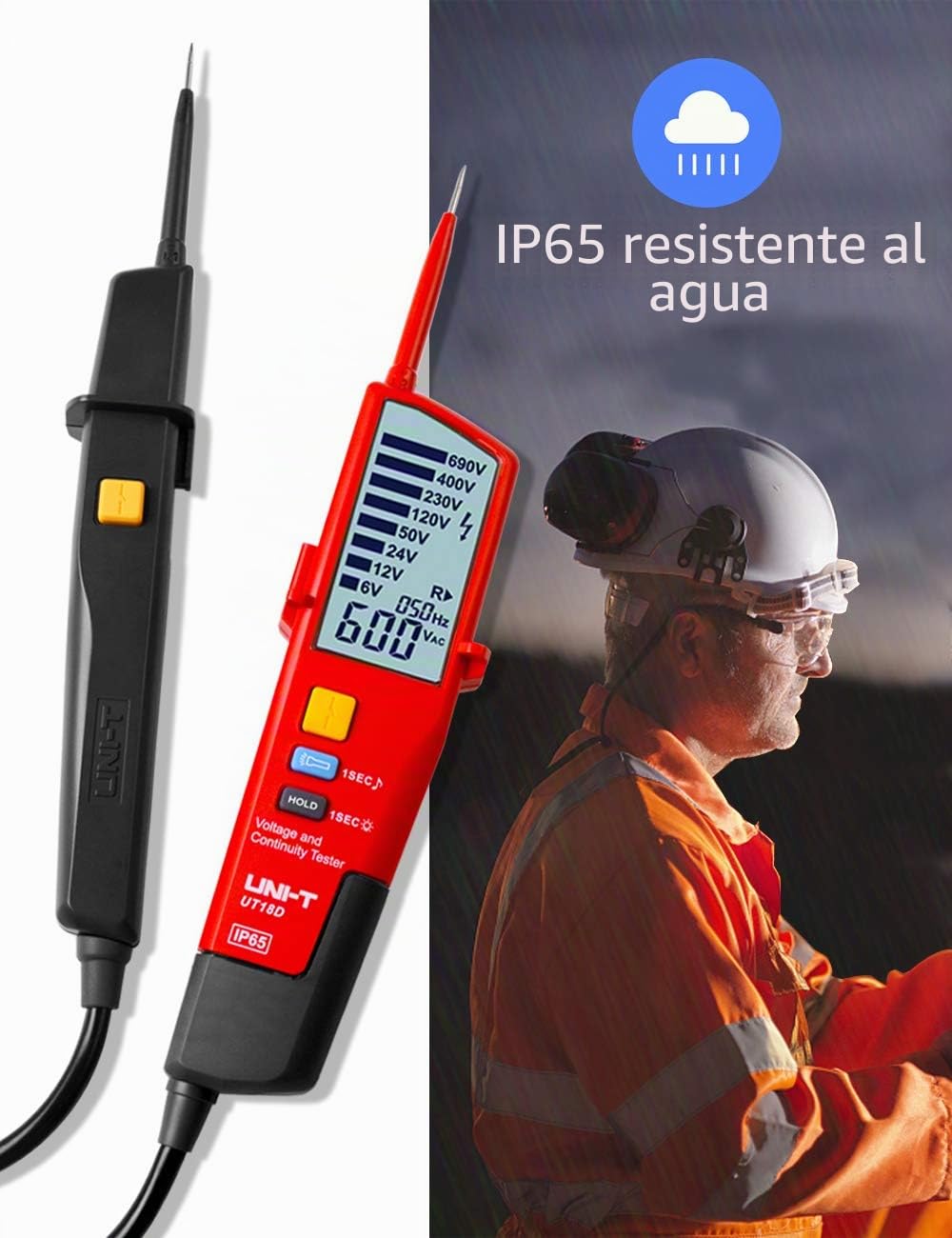 UT18D Comprobador de Tensión de Rango Automático, Impermeable Probador de Voltaje con Medición de Tensión CA/CC y Función de Prueba de Secuencia de Fases, Rango voltaje 12V~690V