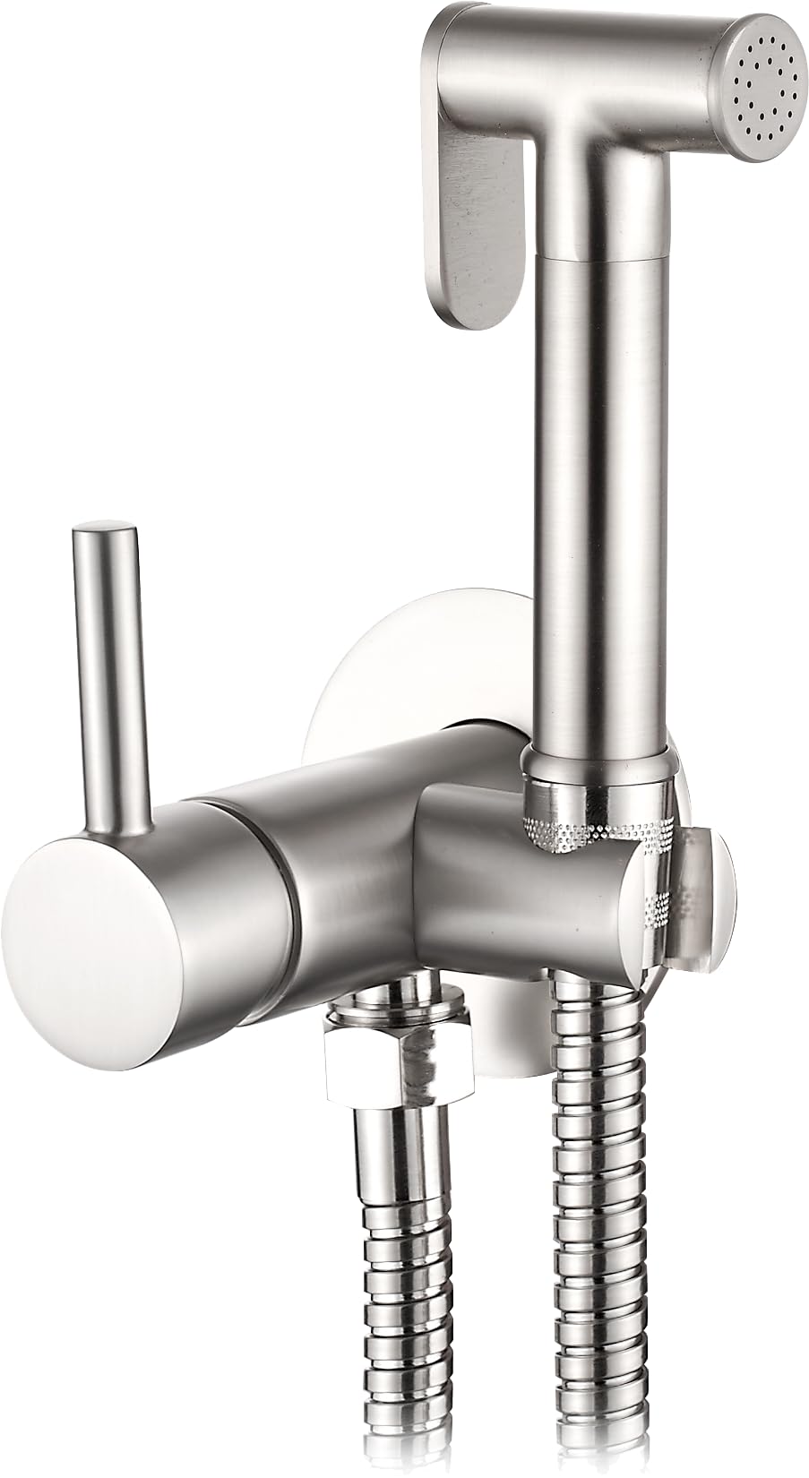 Bidet Cold and Hot Water Mixer Kit - Recessed Mixer with Push Shower and Reinforced Flexo 1.2 m (Satin Nickel)