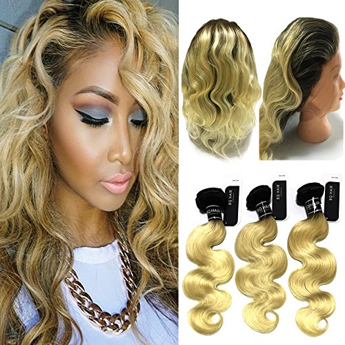 BQ 1B-613 360 Frontal with Bundles- Ombre Blonde Human Hair Bundles with 360 Lace Frontal Pre-Plucked 8A Brazilian Virgin Human Hair (16"18"20" with 360 frontal 14")