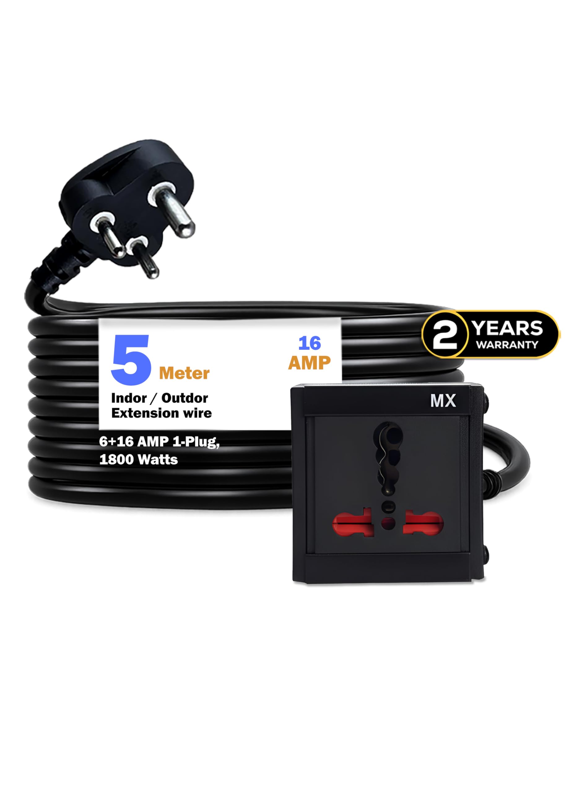 MX Single Socket Extension Board with Heavy Duty Long Extension Cord 5 Meter 1800W 6a to 16a Converter Plug (0.75 Sq.mm ISI Marked) Safety Shutter 16 AMP to 6 AMP Plug Power Cord-image-4