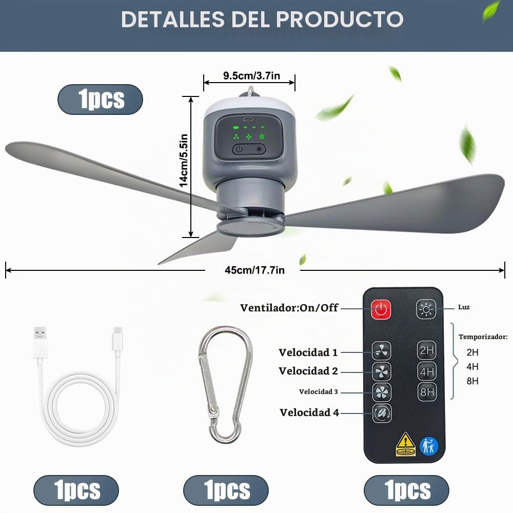 Lámpara Ventilador Techo con Luz LED,12000mAh Batería,USB,Temporizador