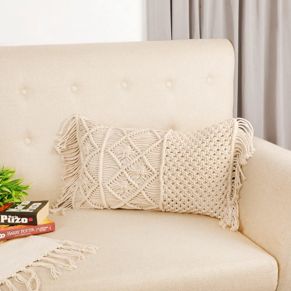 pepme Macrame Cushion Cover Side Small Knots jaal, Dual Knots, Single Knots Lane, 12x20, Off-White-image-5