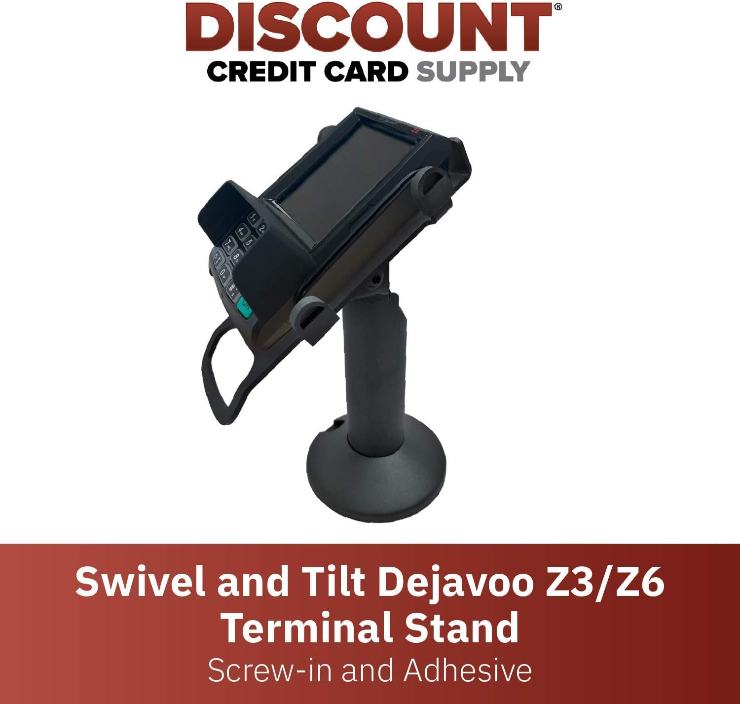 DCCStands Swivel and Tilt Dejavoo Z3/Z6 Terminal Stand, Screw-in and Adhesive (Black) - Fits Dejavoo Z6 HW # v1.3