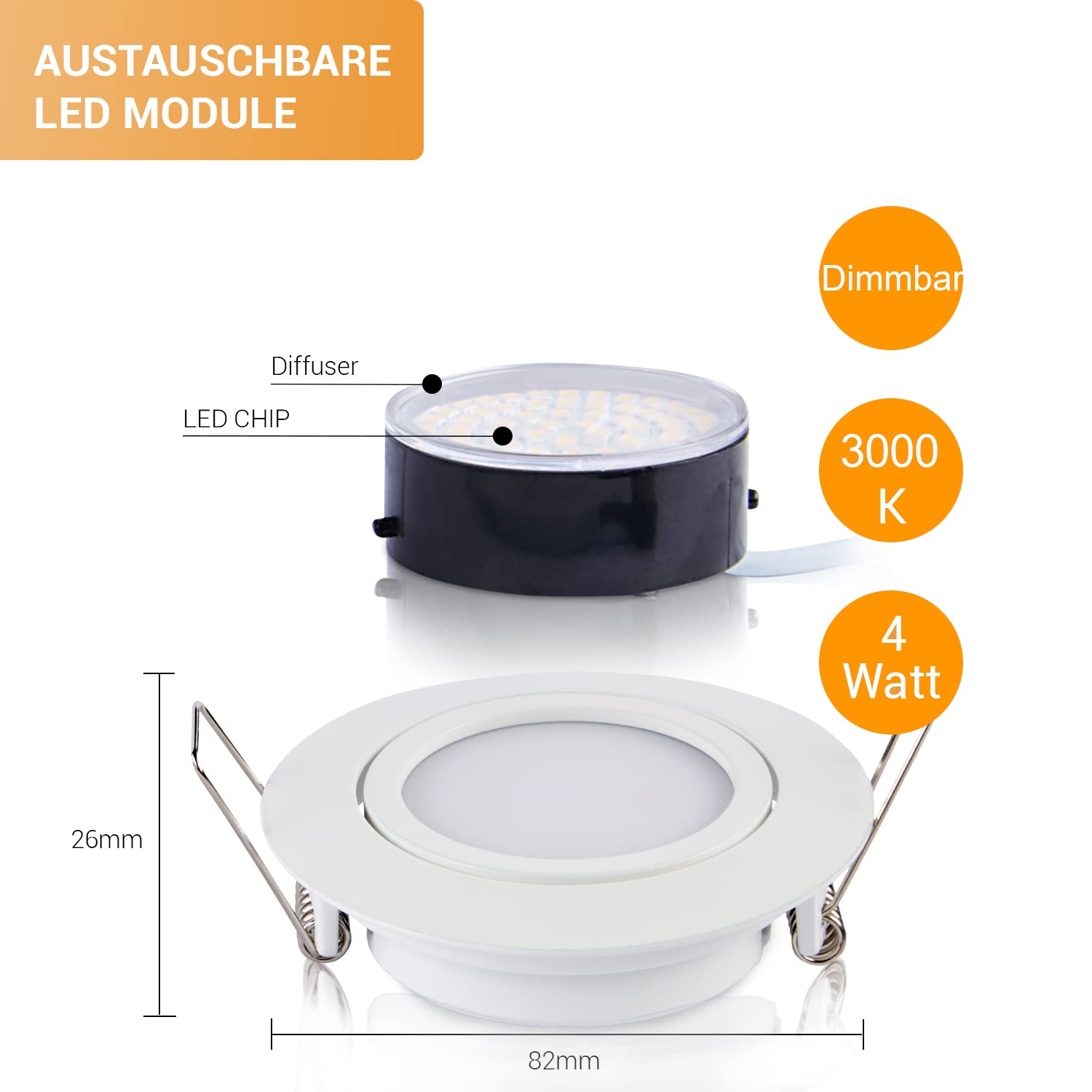TEVEA Ultra Flach DIMMBAR Einbaustrahler - Weiß Deckenspots - 4W 230V LED Module austauschbar- Einbauspots - Einbauleuchten - 5er Pack (Neutralweiß - 4000K)