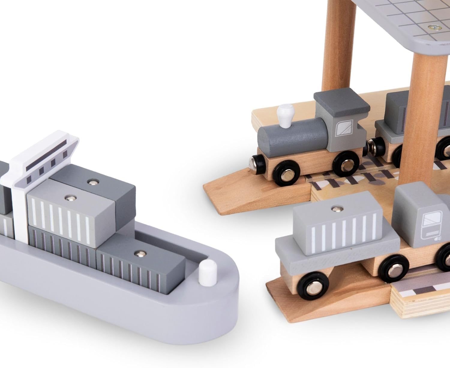 Mamabrum GRÚa Portuaria de Madera con Imán y Accesorios - Juguete Educativo Similar a Lego Duplo - Camiones de Juguete para Niños - Tractor y Remolque 24x34x35cm