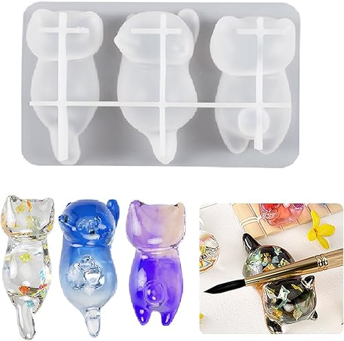 Molde de resina para gatos, moldes de soporte para pinceles de escritura, moldes de silicona epoxi 3D, lindos moldes de fundición de adornos de