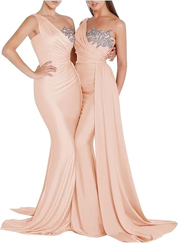 Vestidos de dama de honor con cuentas de un hombro para mujer, vestido largo de satén de sirena fruncido formal con cola YK510