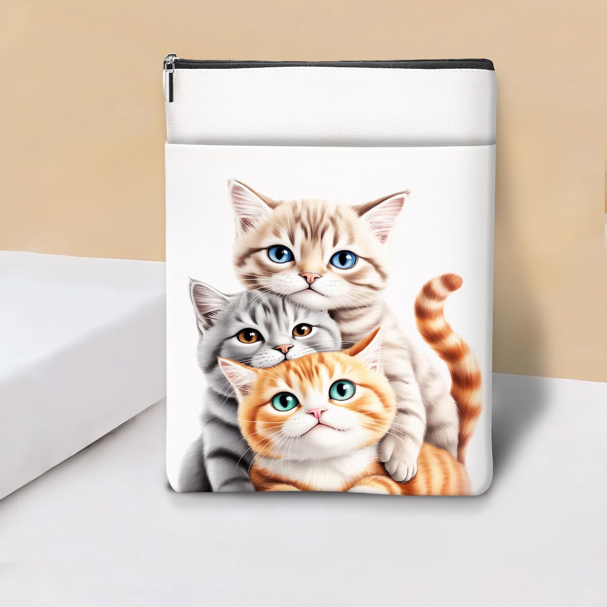 Japanese Kimono Cat Ocean Book Sleeve, Book Lovers Gifts Sleeve with Zipper & Front Pocket, 11.5x8.8 Inch Canvas Books Cover Protector Bookish Cat Lover Gifts for Readers Women Friend Birthday Gift — view 16