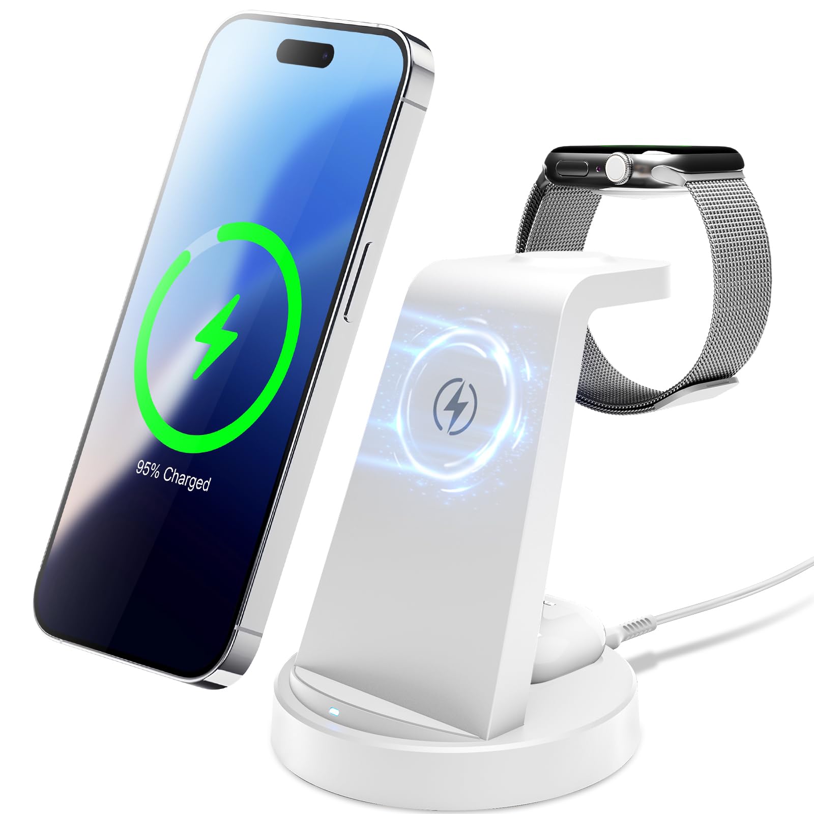3 in 1 Wireless Charging Station for iphone Fast Wireless Charger Stand for Apple Watch, for Airpods Pro 4 3 2, for iphone 17/16/15/14/13/12/11/8/XS/XR/X/SE(No Plug Included) (White) — view 11
