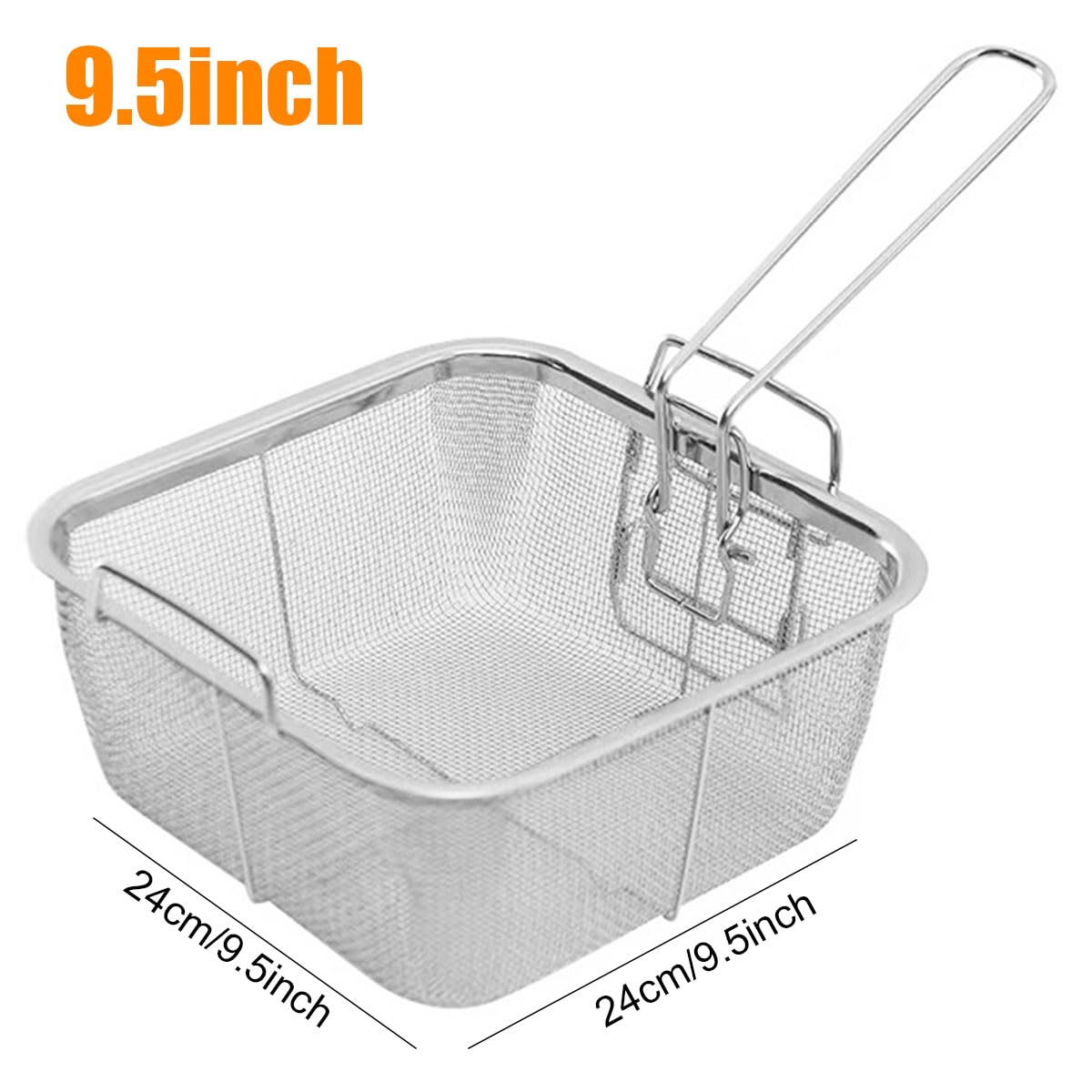 Riavzau Stainless Steel Deep Fry Basket, 9.5inch Square Wire Fryer Basket for Frying Serving Food, French Chip Frying Basket with Folding Handle for Kitchen Frying (9.5Inch/Square)