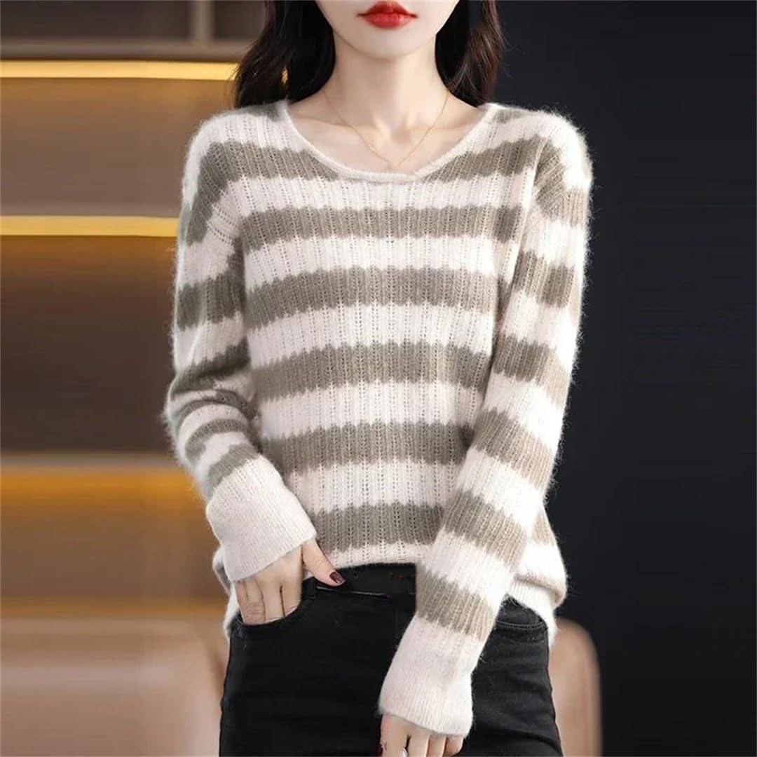 Vogrtcc Maglione Lavorato A Maglia in Cashmere da Donna Autunno Inverno O-Collo Top Warm Strip Pullover Casual