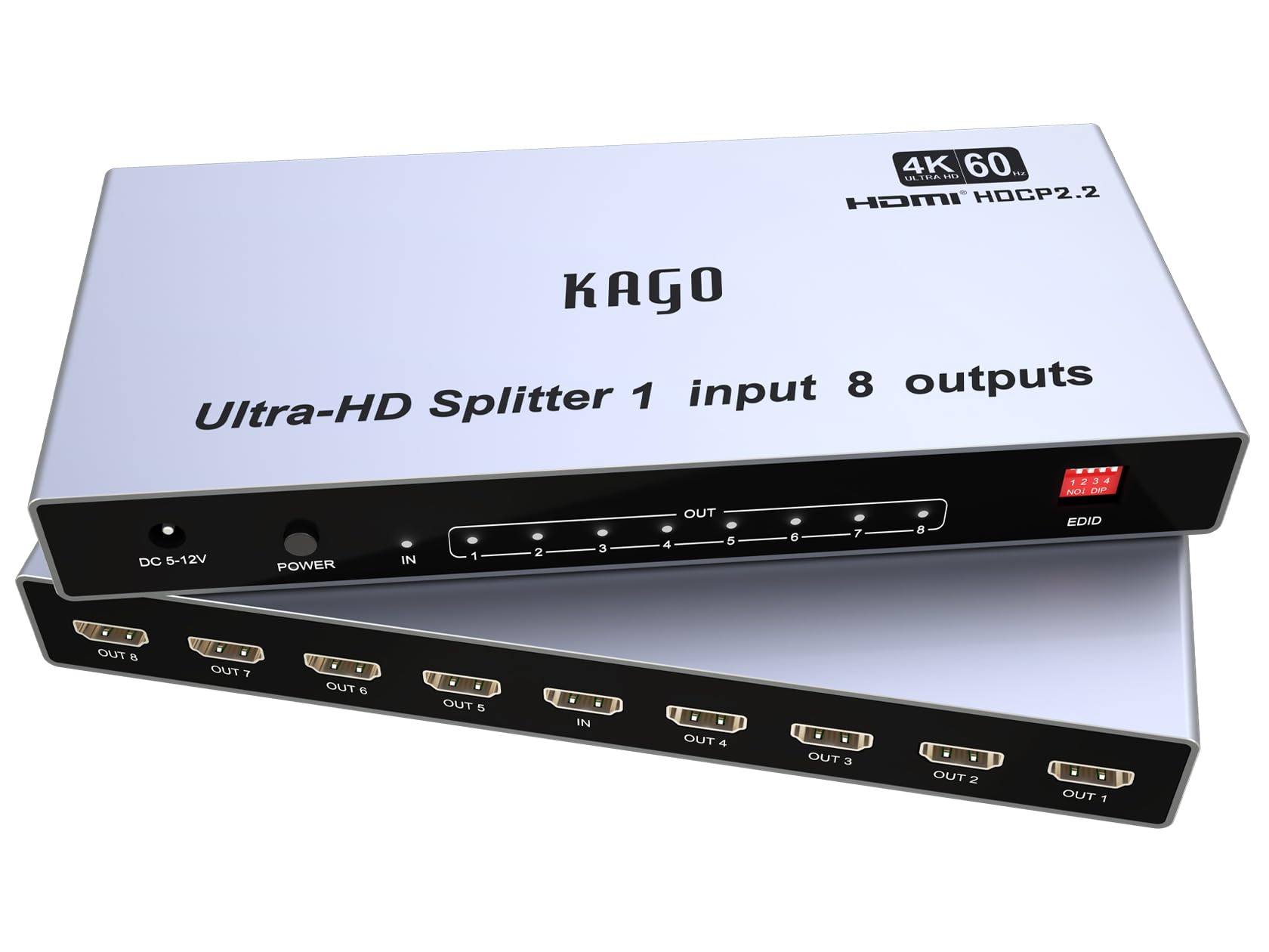 KAGO Splitter HDMI -1 in 8 Out TV Splitter di alta qualità ad alta risoluzione, supporta HDMI 2.0, HDCP 2.2, 18 Gbps 4K @ 60Hz 2k@120Hz 36-bit Deep Color UltraHD, Plug & Play