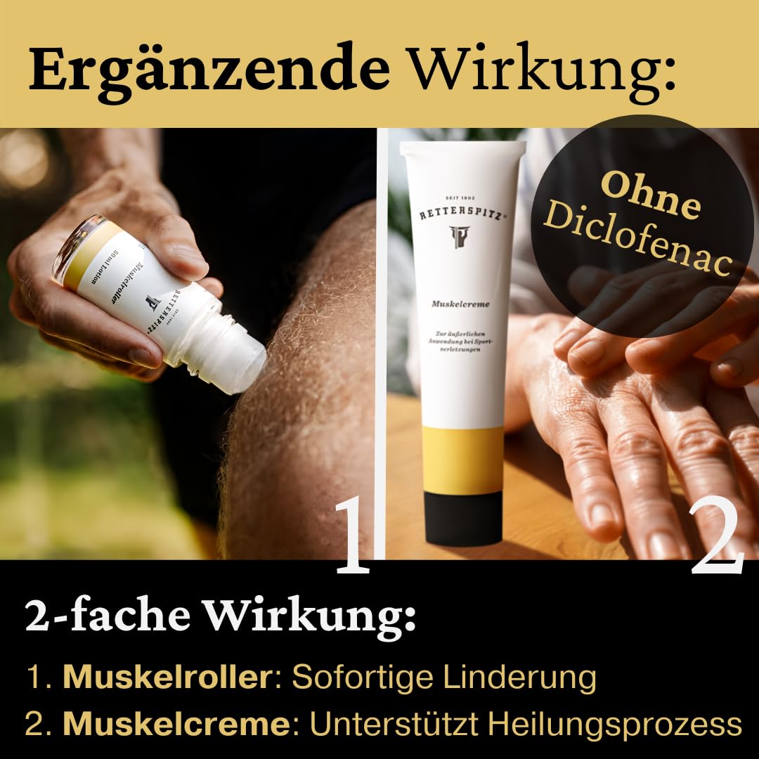 Retterspitz Muskelcreme 100gr & Muskelroller 50ml Bundle – Natürlich gegen Muskelschmerzen, Sehnen- und Gelenkbeschwerden – Perfekt für Zuhause und Unterwegs