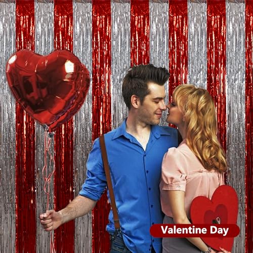Image of BEISHIDA Red Silver Door Streamers Backdrop Foil Fringe Tinsel Party Streamers Curtains Photo Backdrop - 2Pcs for Valentine's Day Birthday Graduation Christmas Party Decoations