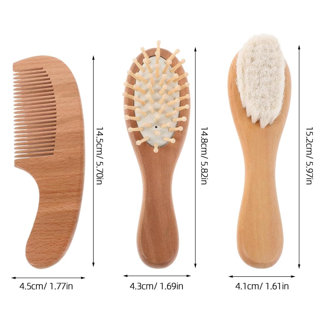 Brosse Cheveux Bébé, 3 Pièces, Bois Naturel Brun, Poils De Chèvre Doux, Pour Nourrissons Tout-Petits, Dimensions 15Cm Longueur X 4Cm Largeur
