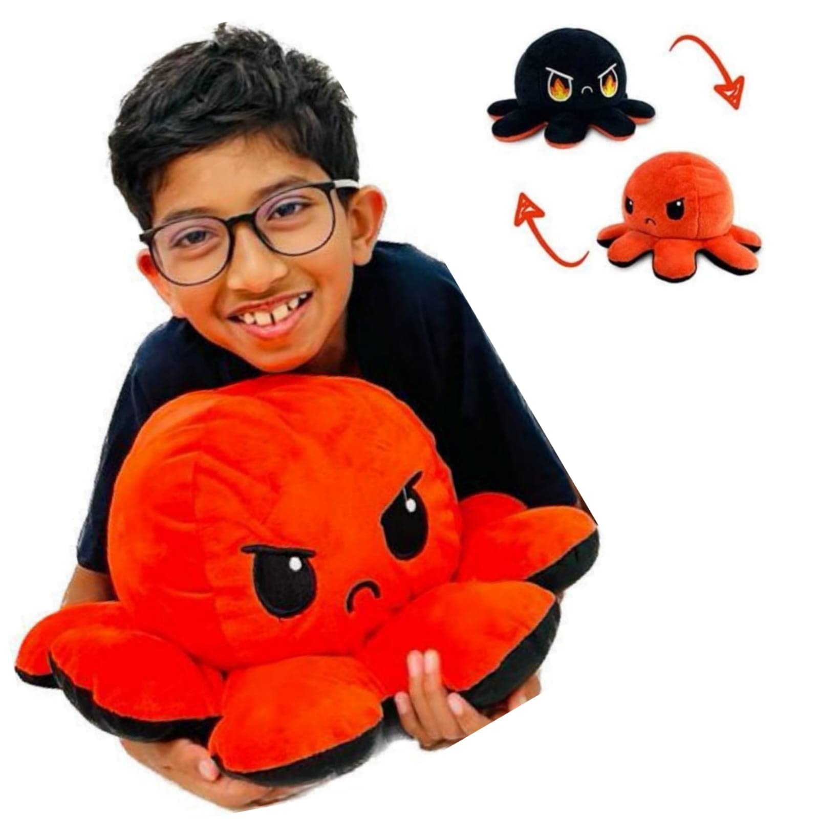 Grab MantraJumbo, Big Size Reversible Octopus Plush, Double-Sided Flip Stuffed Animal Mood Plush, soft toy, Without Saying a Word, (Black/Orange Angry)
