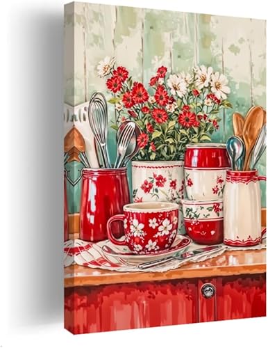 CCWORKERRY Arte de pared retro de cocina con cuchillo y tenedor, impresiones en lienzo, pintura de flores rojas y blancas, decoración de pared de