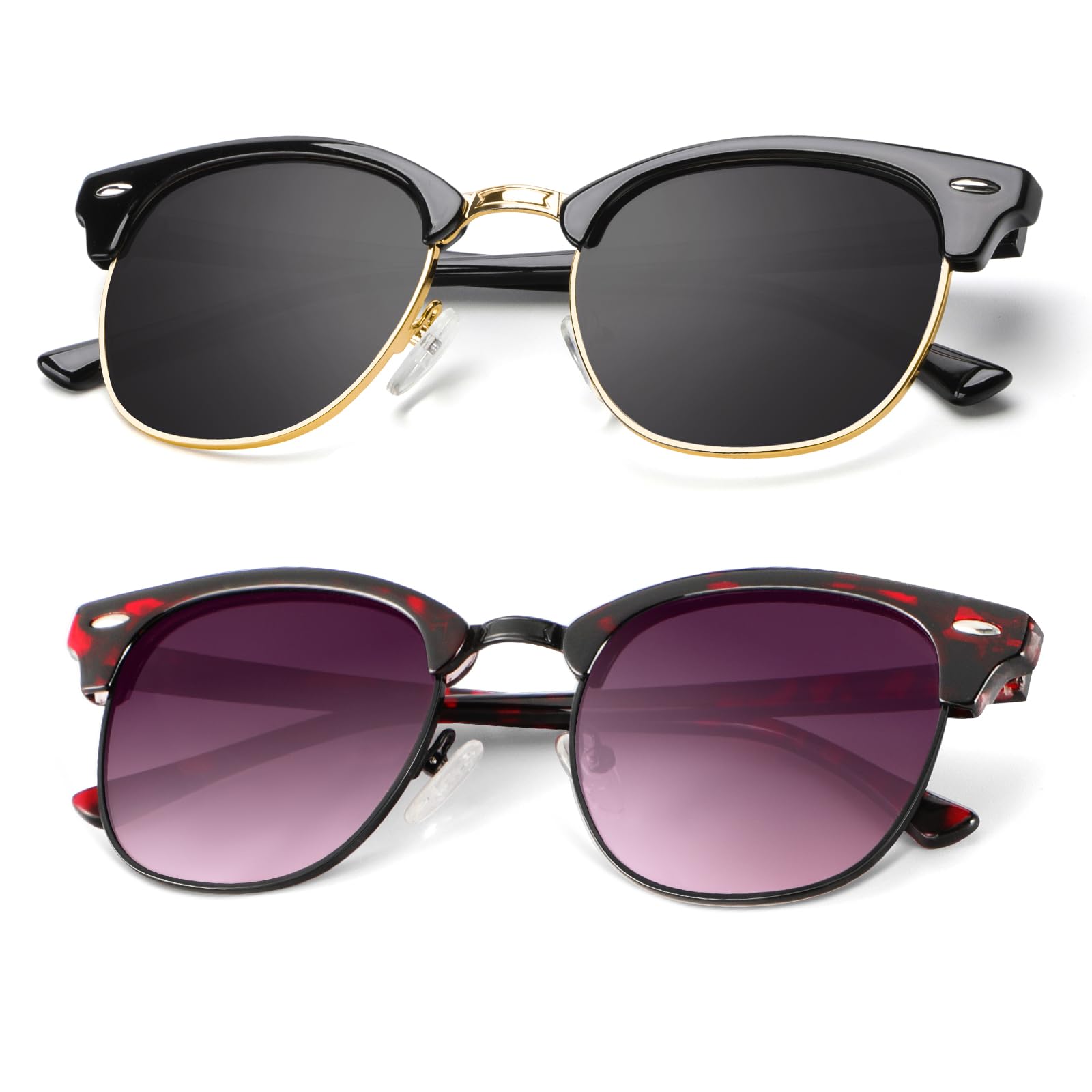 KALIYADI Polarized Sunglasses for Men and Women Semi-Rimless Frame Driving Sun glasses UV Blocking (A21-(2 Pack) Glossy Black | Black | Gold Rim / Glossy Claret Tortoise | Gradient Black Red | Black Rim)