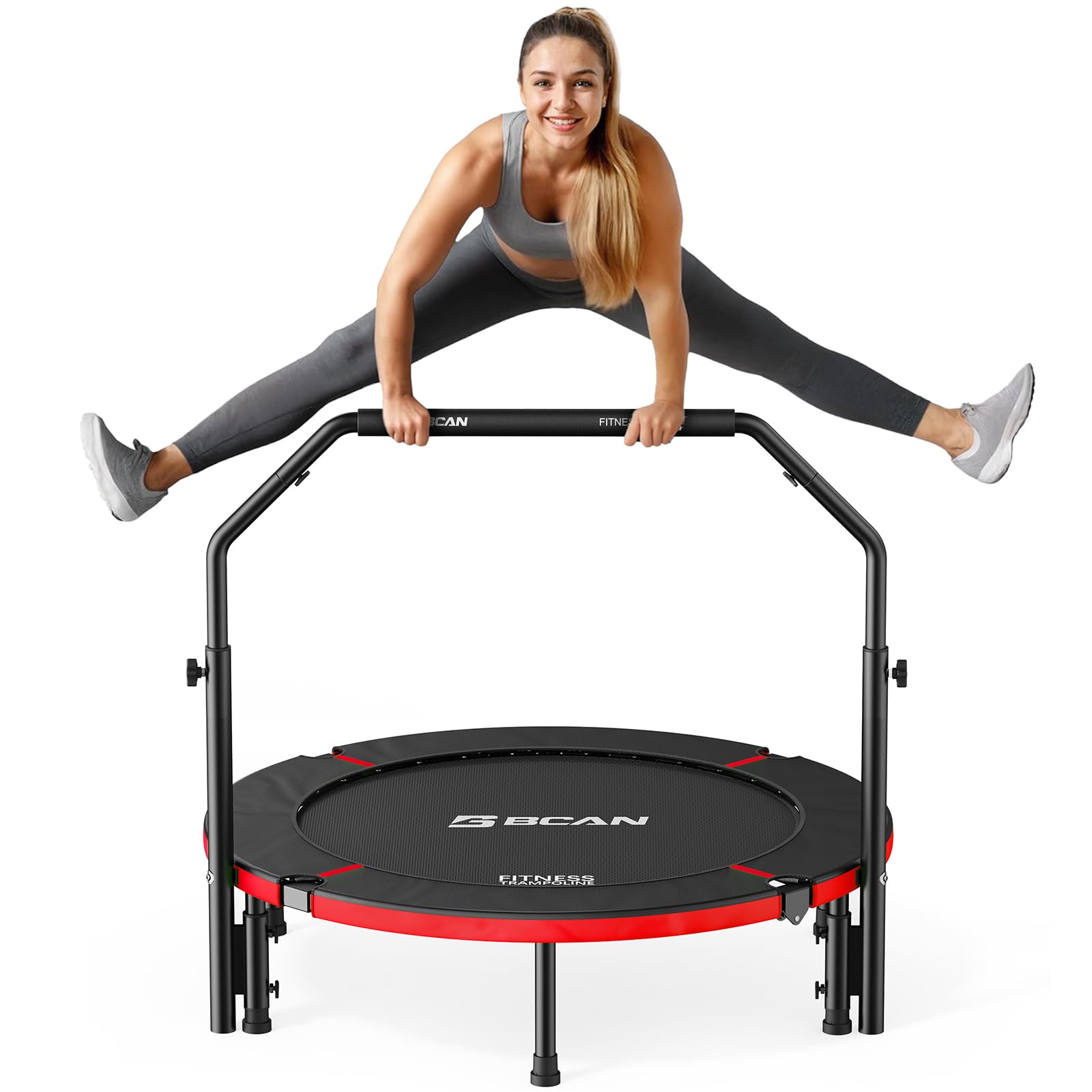 BCAN SP2 40" Foldable Mini Trampoline Max Load 330lbs, Fitness Rebounder with Adjustable Foam Handle, Exercise Trampoline for Adults Indoor/Garden Workout | FED Fitness, Black Red