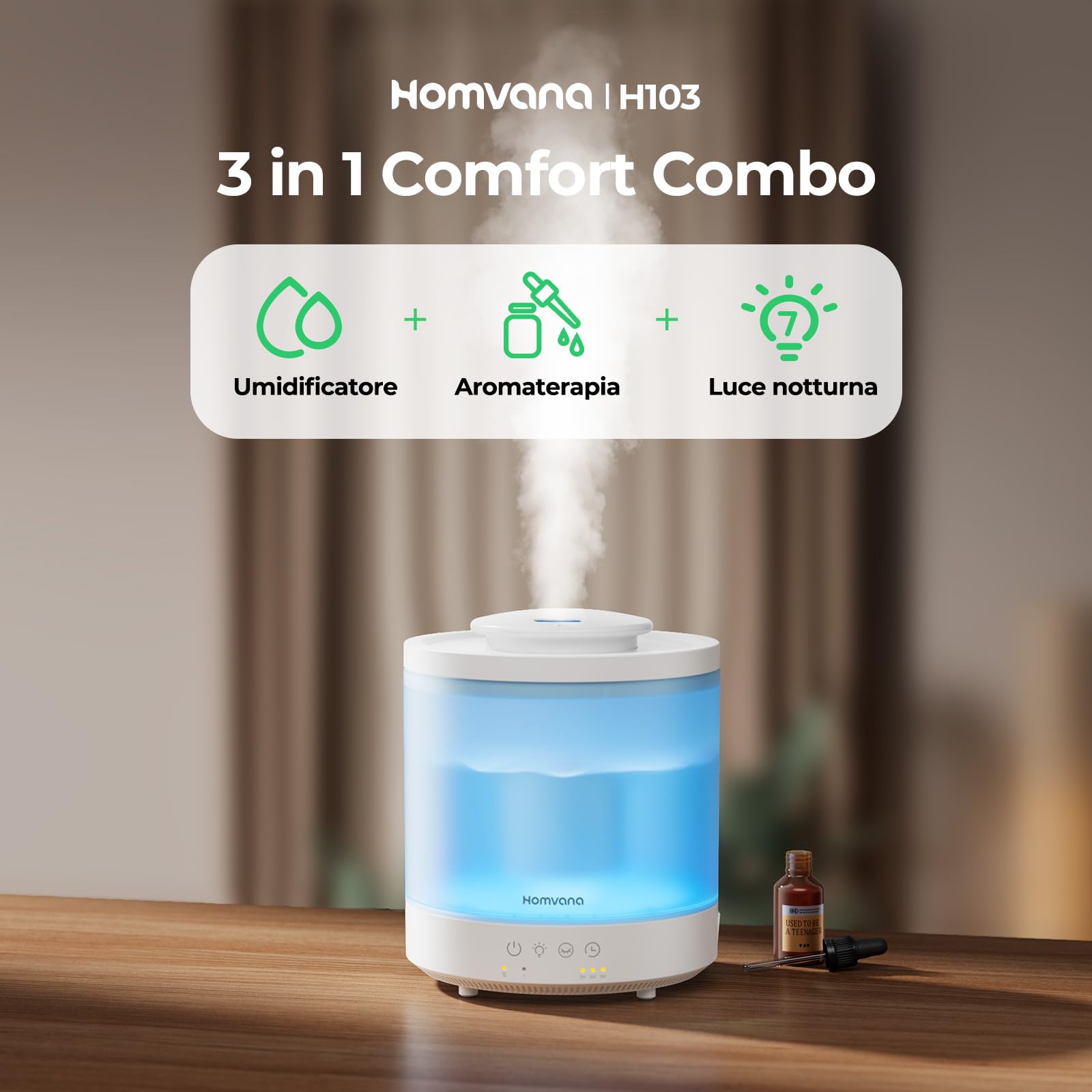 Homvana Humidificateur d'air Diffuseur 1.5L, humidificateur d'air chambre, Humidifier d'air bébé Chambre, Cool Mist, Plante, BPA Free, 7 Color Light, Office, Brumisateur Huiles Essentielles