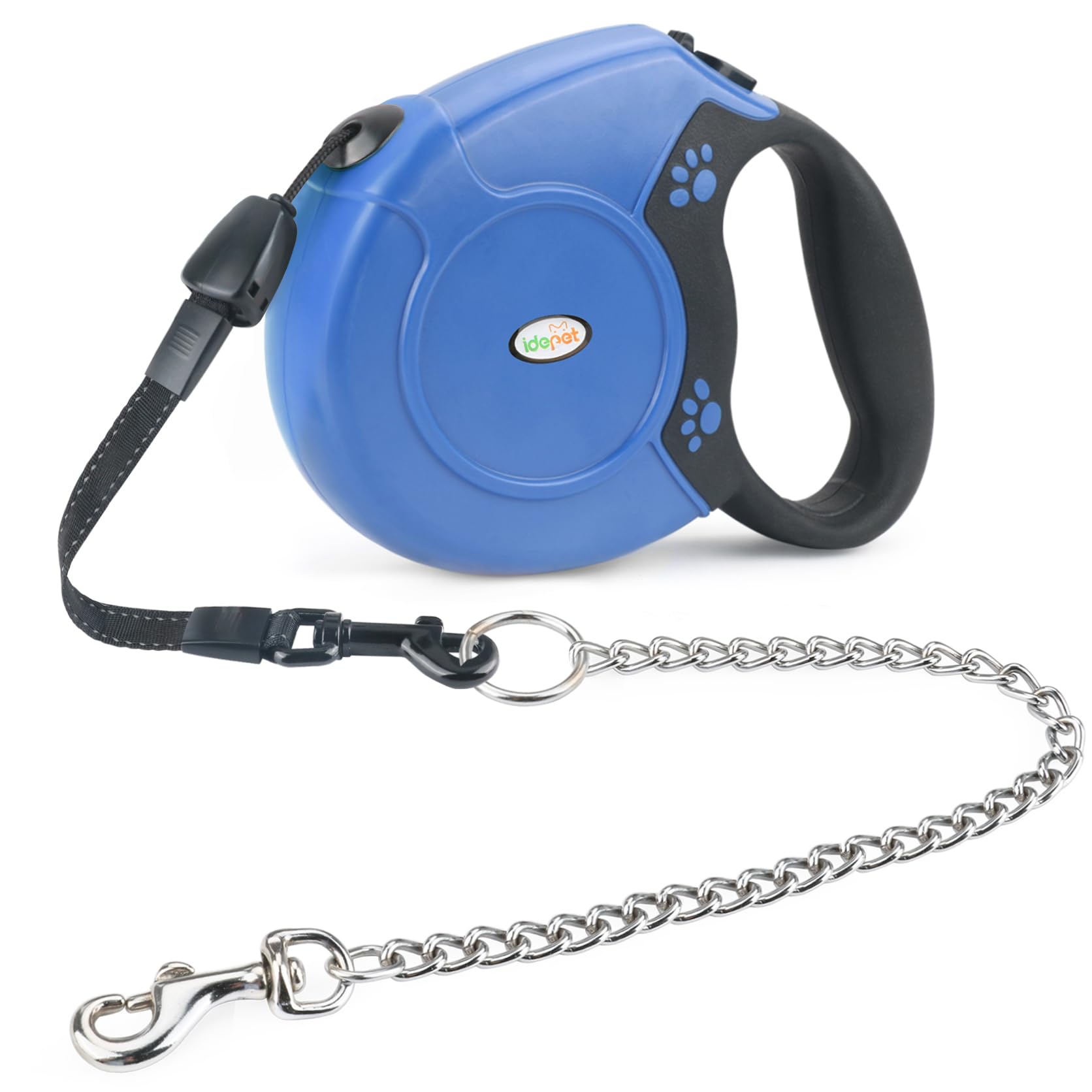 Idepet Laisse rétractable robuste pour chiens de petite et moyenne taille, conception de chaîne en acier anti-mastication, 360 degrés, sans nœuds, système de rupture et de verrouillage, laisse de 26