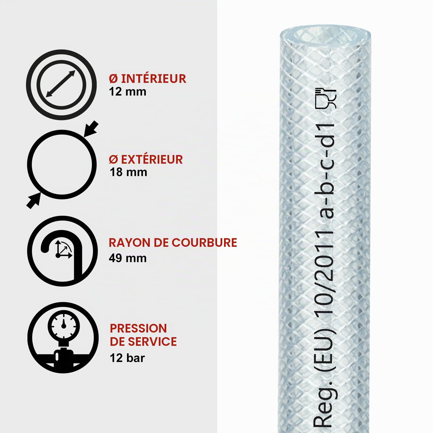 FLEXTUBE TX Ø 12mm x 3mm, 10m de long, Qualité alimentaire, tuyau en PVC pour air comprimé, résistant à l'air, à l'eau, aux huiles conditionnelles et aux produits chimiques