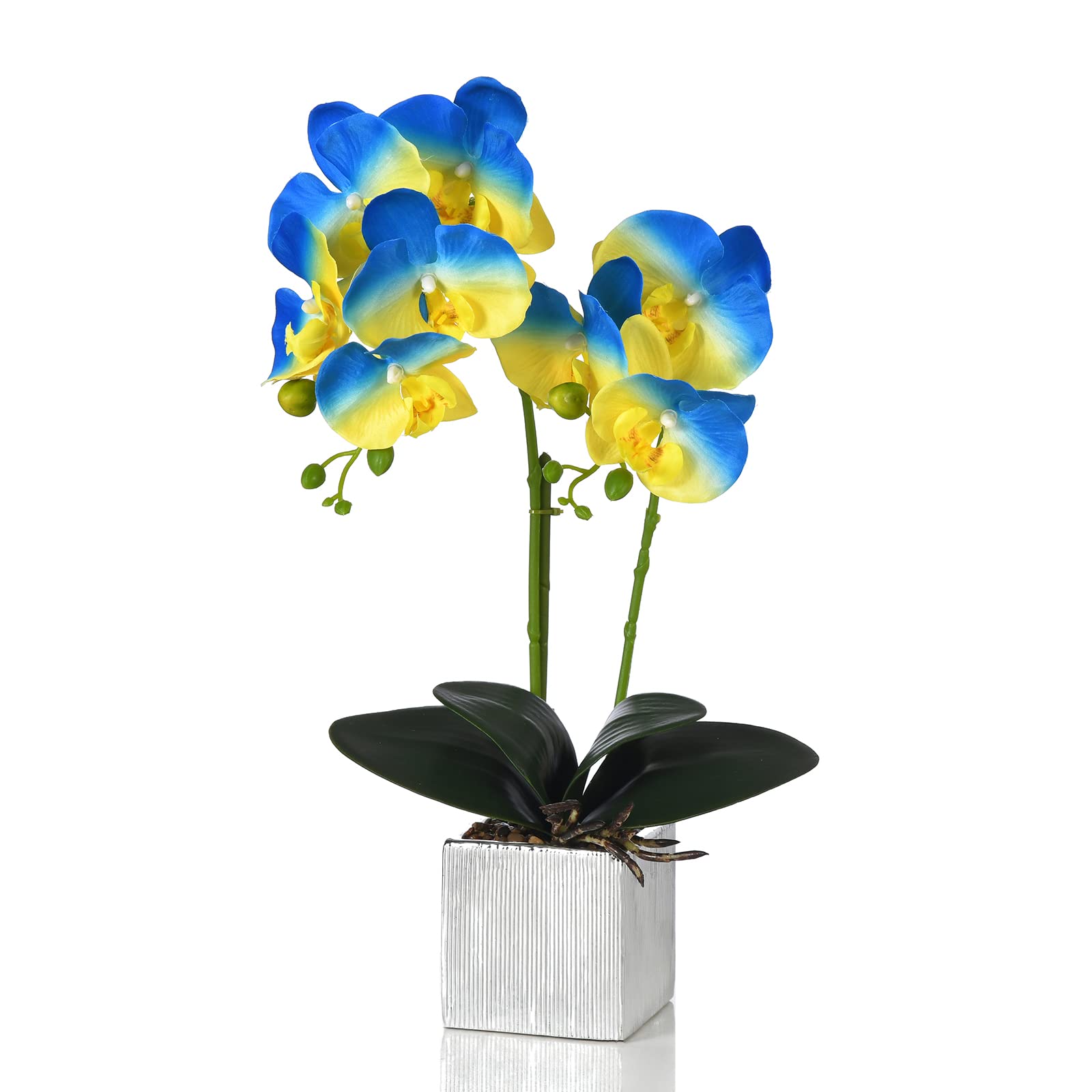 YSZL Artificial Potted Orchid Faux Phalaenopsis Silk Flowers Bonsai Realistic Arrangement in Silver Vase for Home Decoration Table Centerpiece, Blue/Yellow
