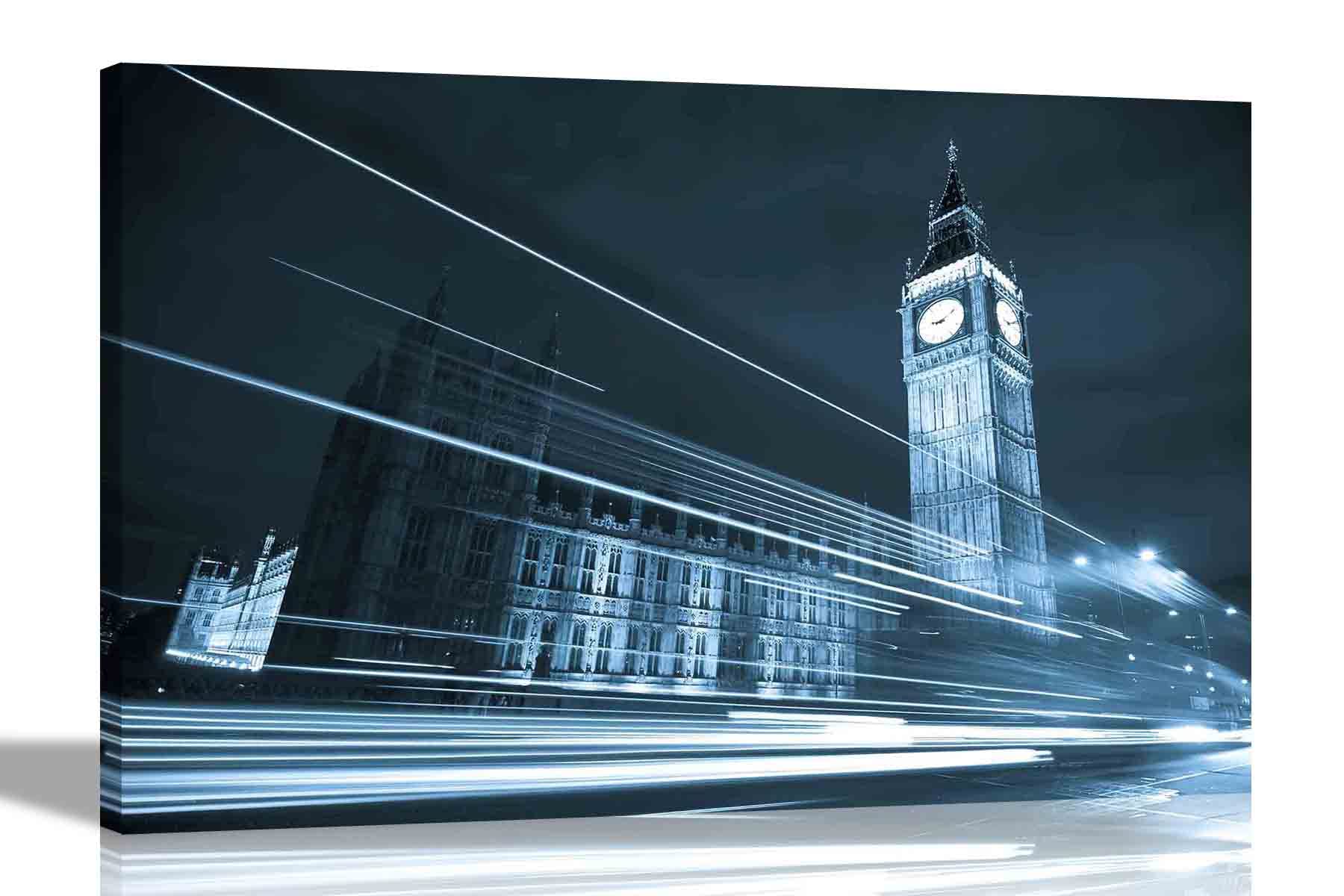 Black and White Big Ben London Canvas Artwork Art Deco City Framed Prints and Pictures Art, for Living Room Office Bedroom 40 x 30cm (16 x 12 inches) A3
