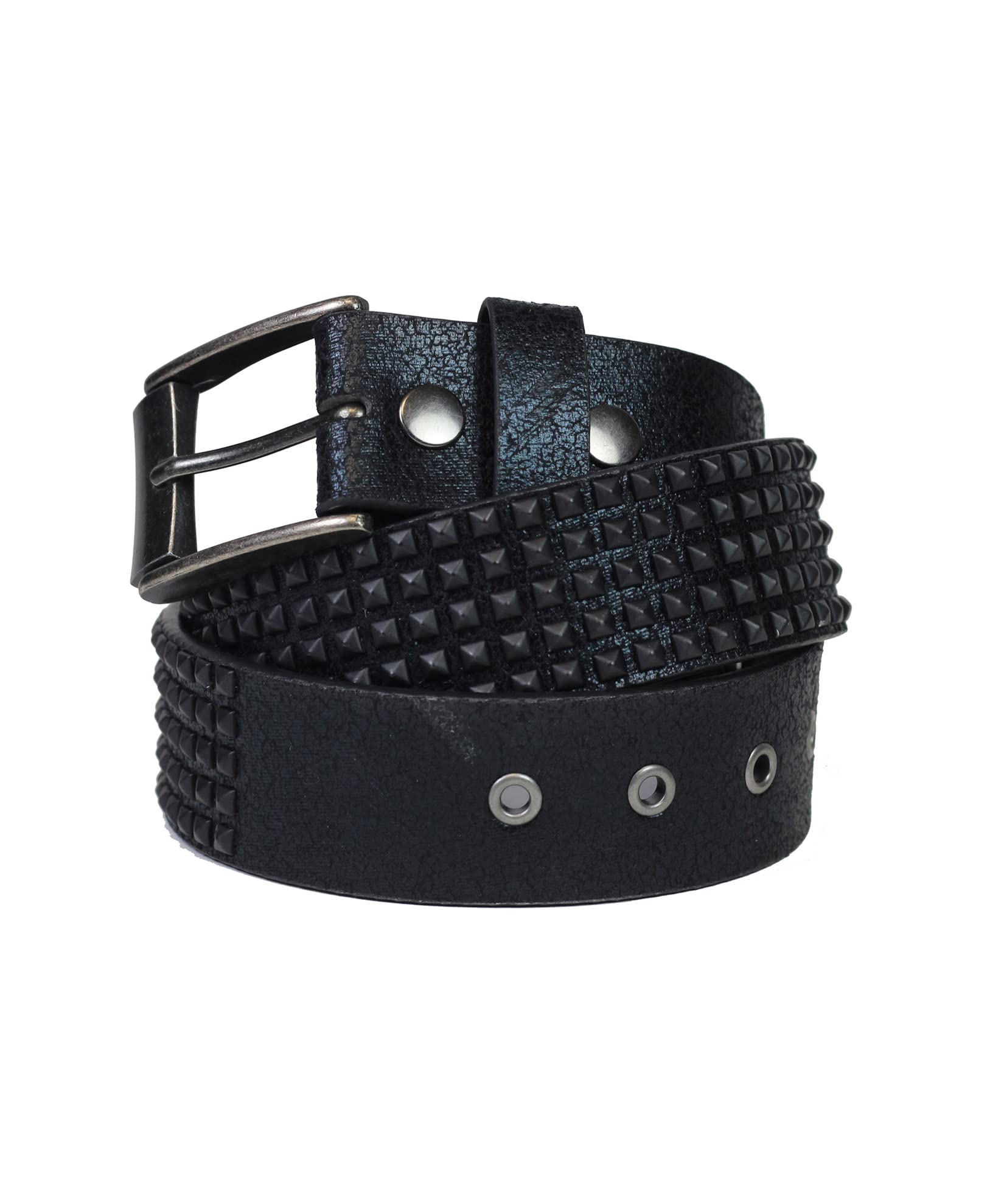 Lowlife of London Belts Shrink 5 Row Pyramid Leather Belt in Black Black X Small, Studded Punk Goth Rock Pyramid Belt, Metal Stud Five Row Rivet for Men and Women