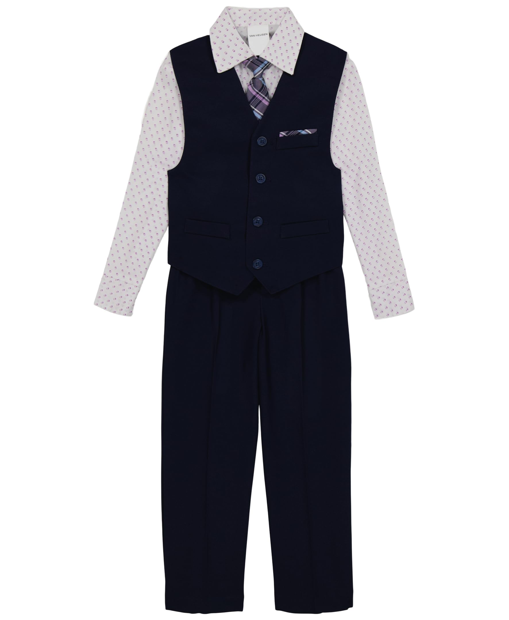 Van Heusen Boys' 4-piece Formal Dress Up Suit Vest Set, Vest, Pants, Collared Dress Shirt, and Tie