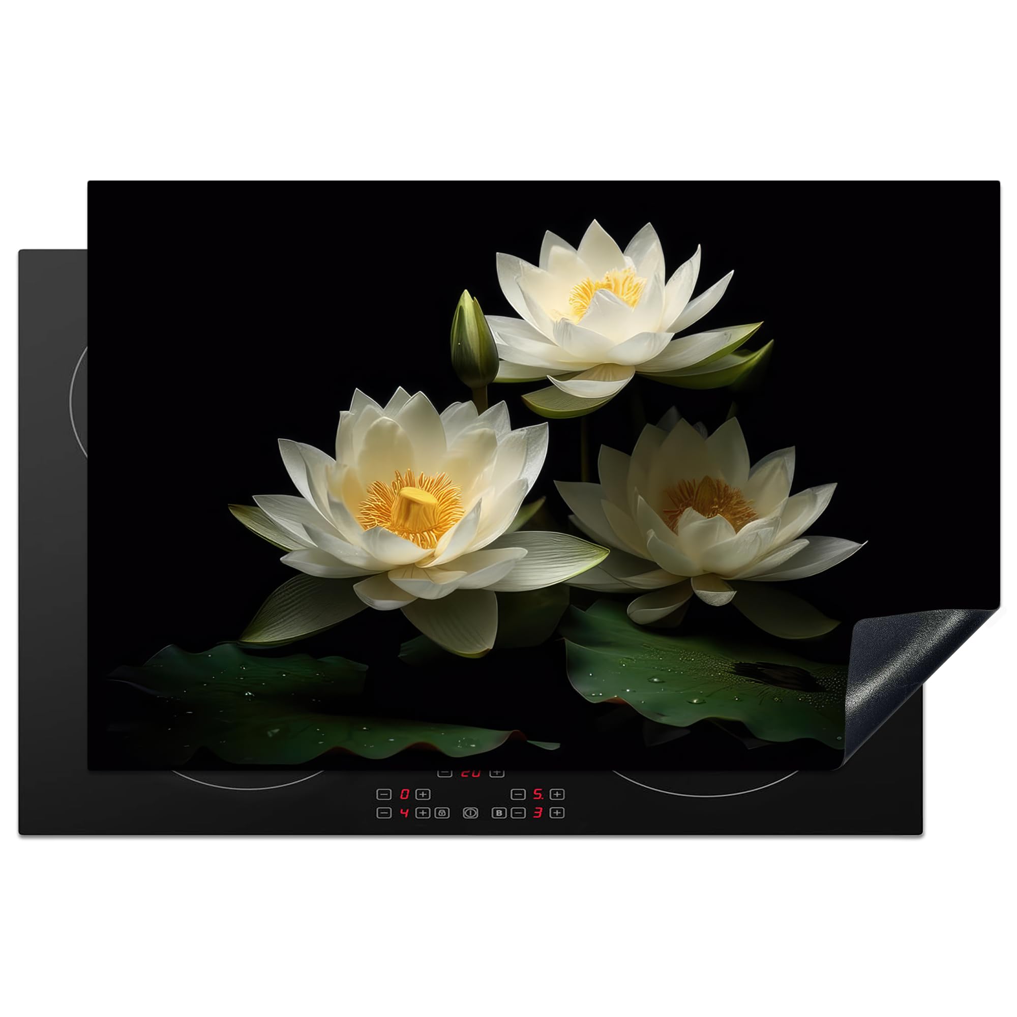 KitchenYeah© Induction Hob Cover Protector Mat 20.5"x31.9" / 81x52 cm Kitchen Universal Ceramic Covers for Electric Cookers Vinyl Lotus - Flowers - White - Nature - Black