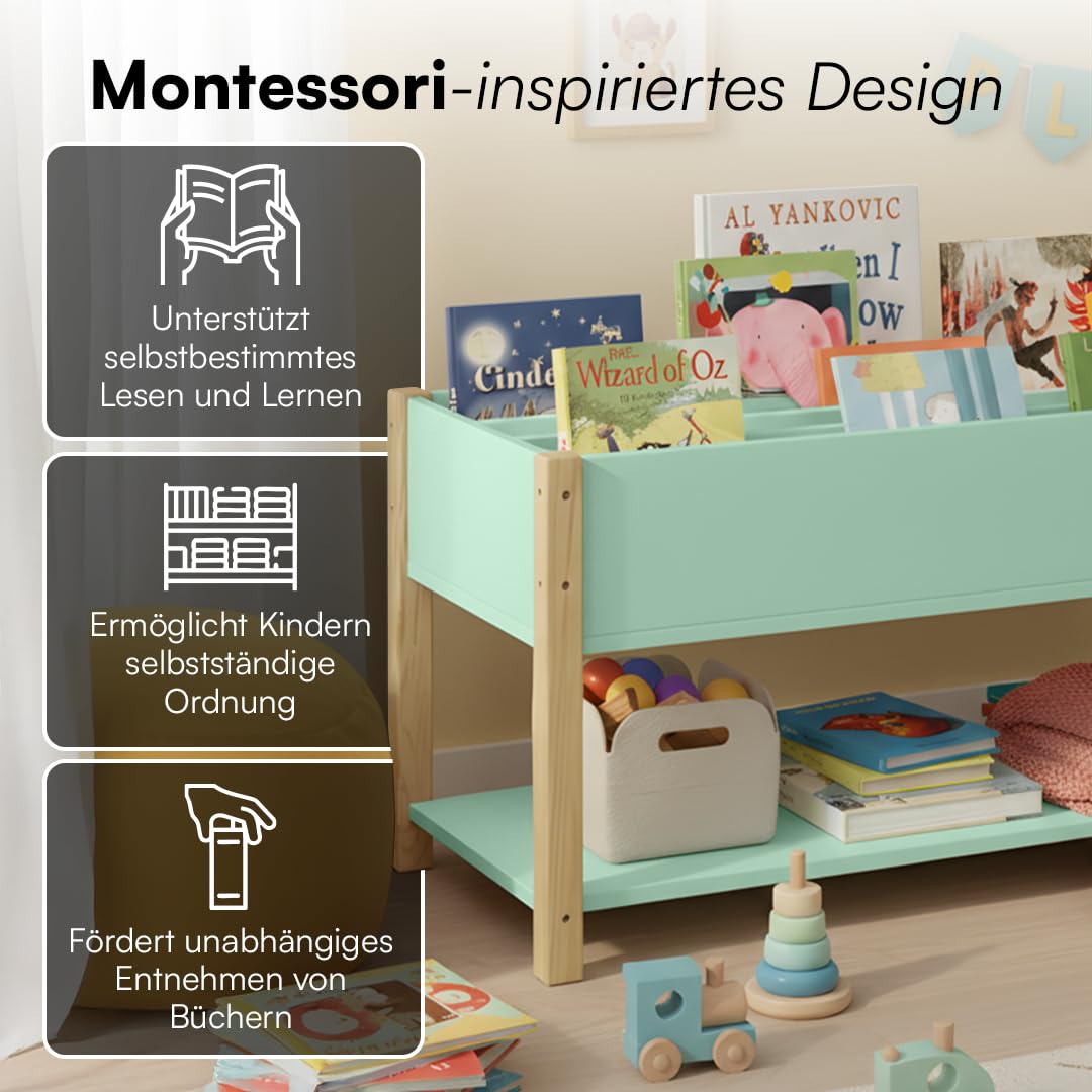Bellabino Teme Bücherregal Kinderzimmer – Kinderbücherregal mit 4 Fächern – Montessori Bücherregal mit Ablagefach – Bücherregal für Kinder Mintgrün/Natur – Spielzimmer Deko aus Holz 80x40x44 cm